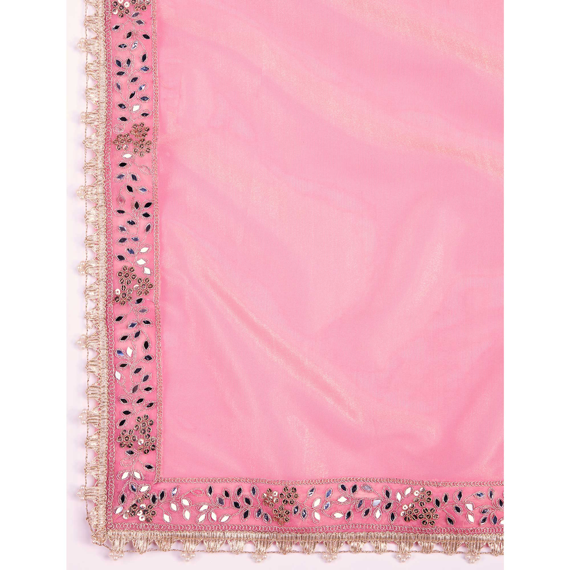 Peachmode Light Pink Sequins Embroidery With Mirror Handwork Twill Net Saree - view 11