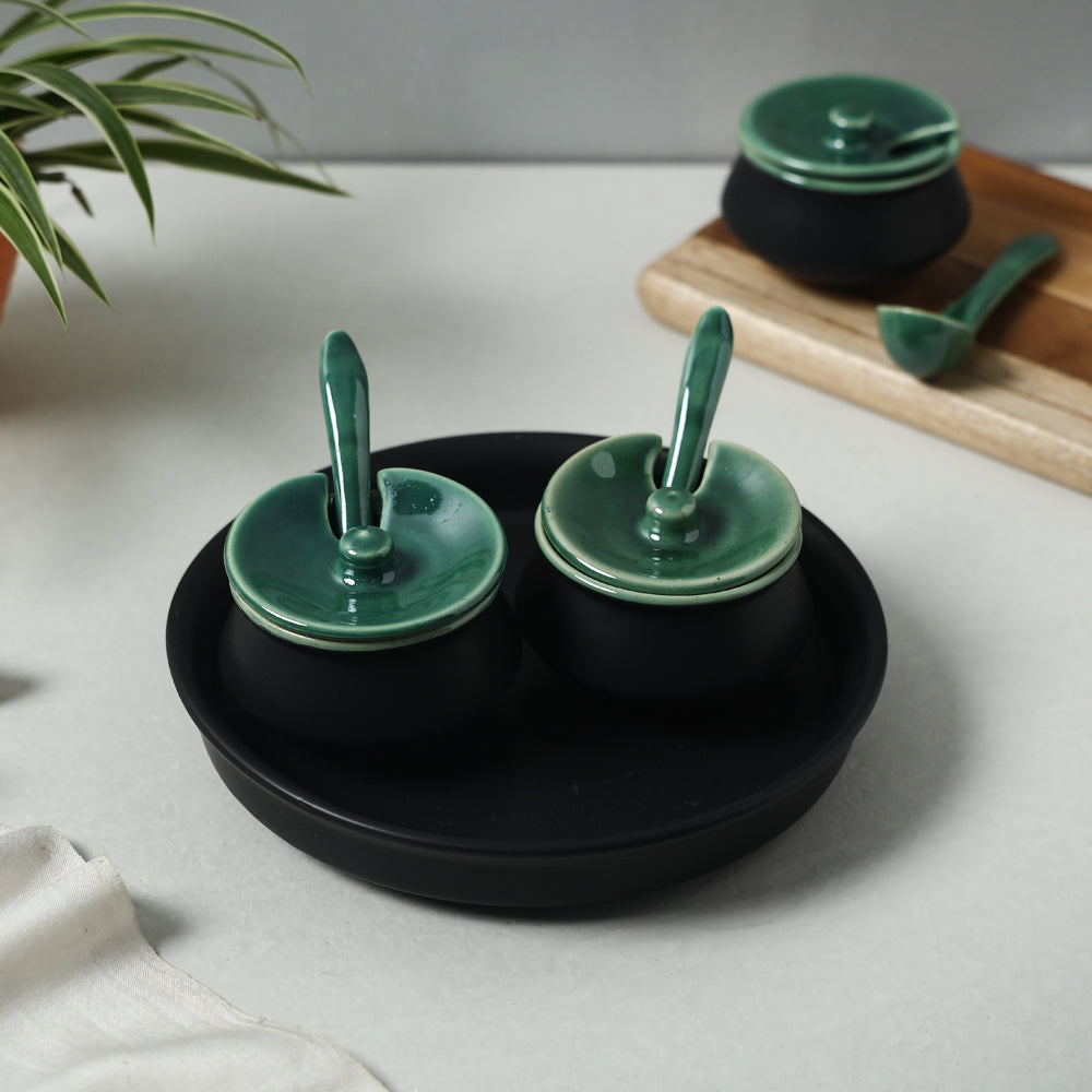 HAVELI CHRONICLES Black Matt Chutney Bowl Set with Base Tray (Set of 3)