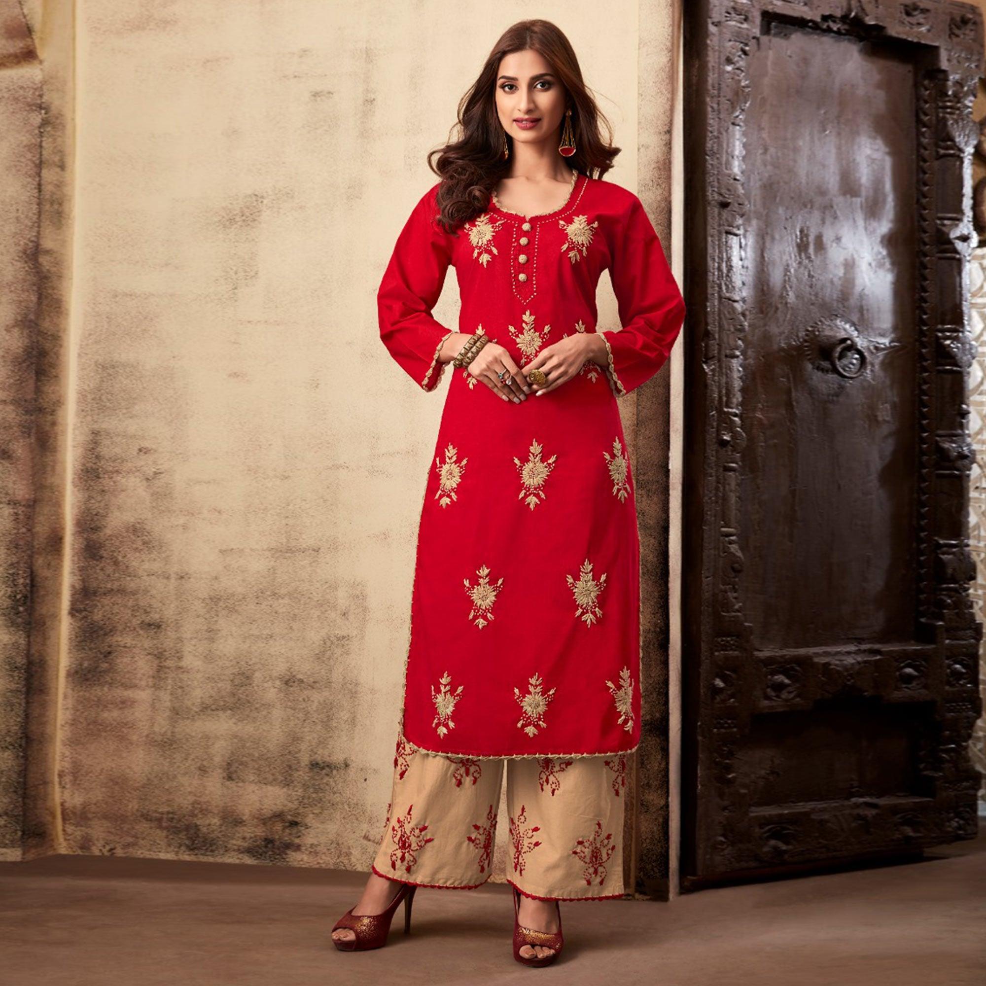 Peachmode Ideal Red Colored Casual Wear Embroidered Rayon Kurti Palazzo Set