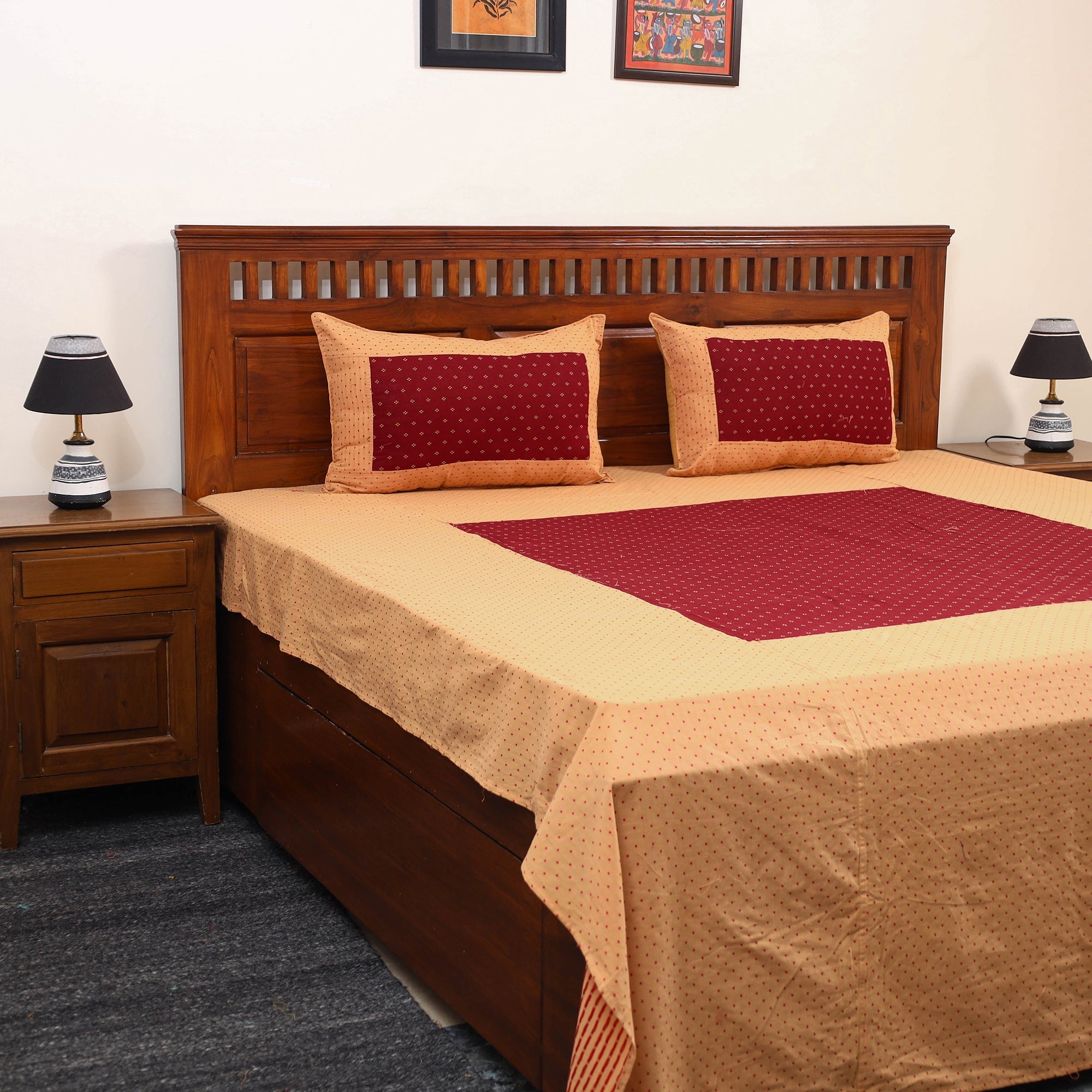 SOUTH KARGHA Beige - Jacquard Patchwork Cotton Double Bed Cover with Pillow Covers (108 x 83 in) 36