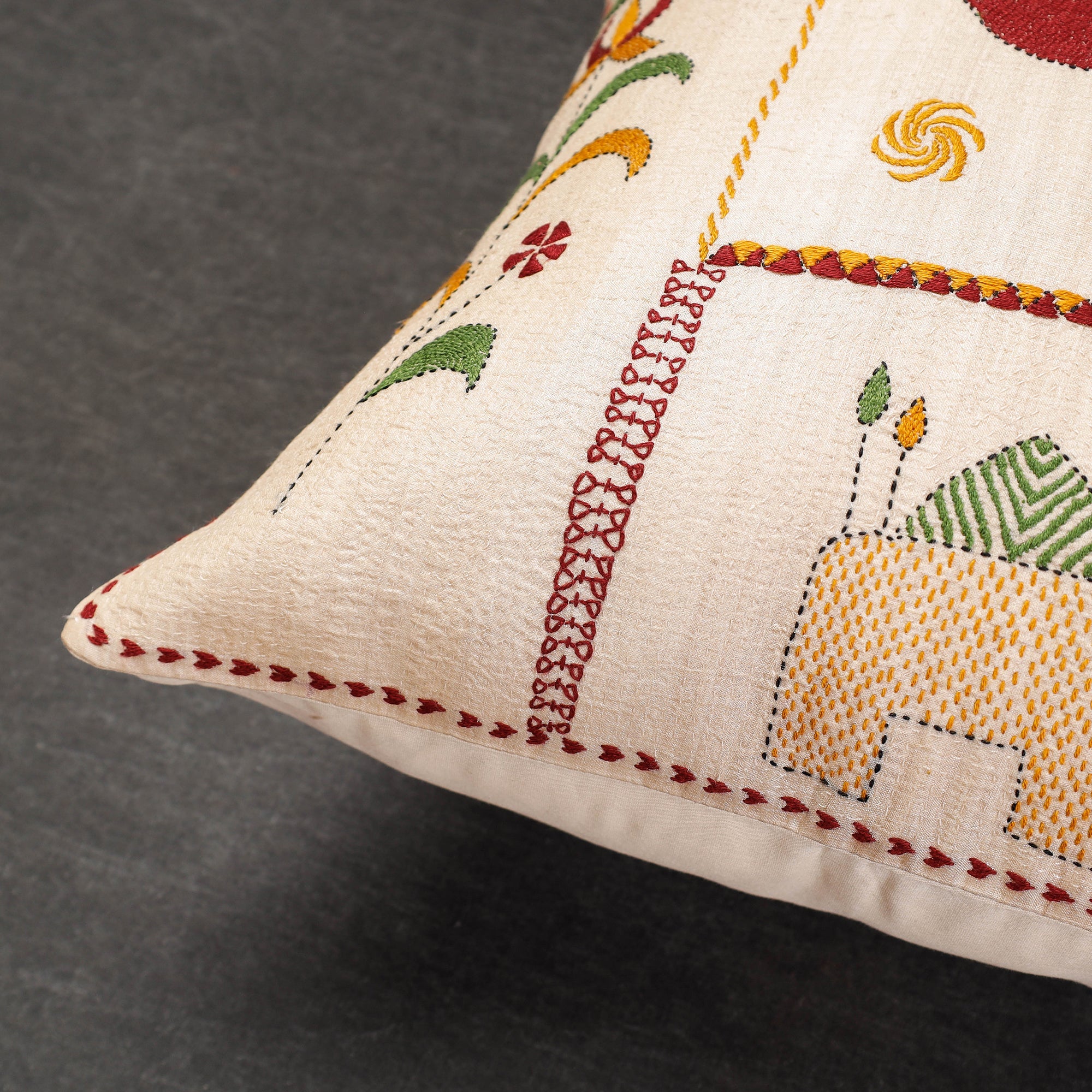 SASHA Beige - Bengal Kantha Embroidery Mulberry Tussar Silk Cushion Cover (16 x 16 in) - view 2