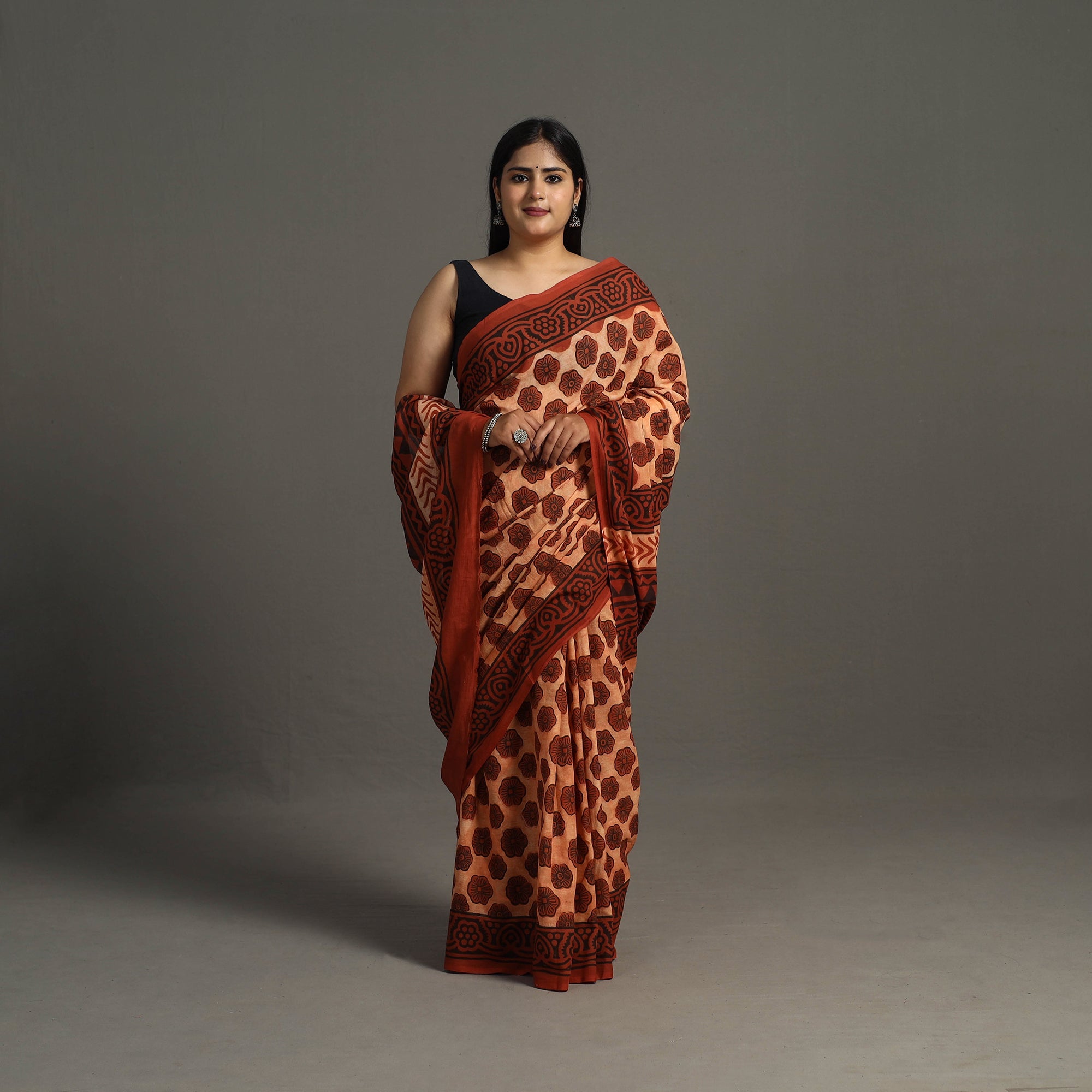 ARTISAN HAND BLOCK PRINTS Brown - Bagru Ajrakh Block Printed Mul Cotton Saree