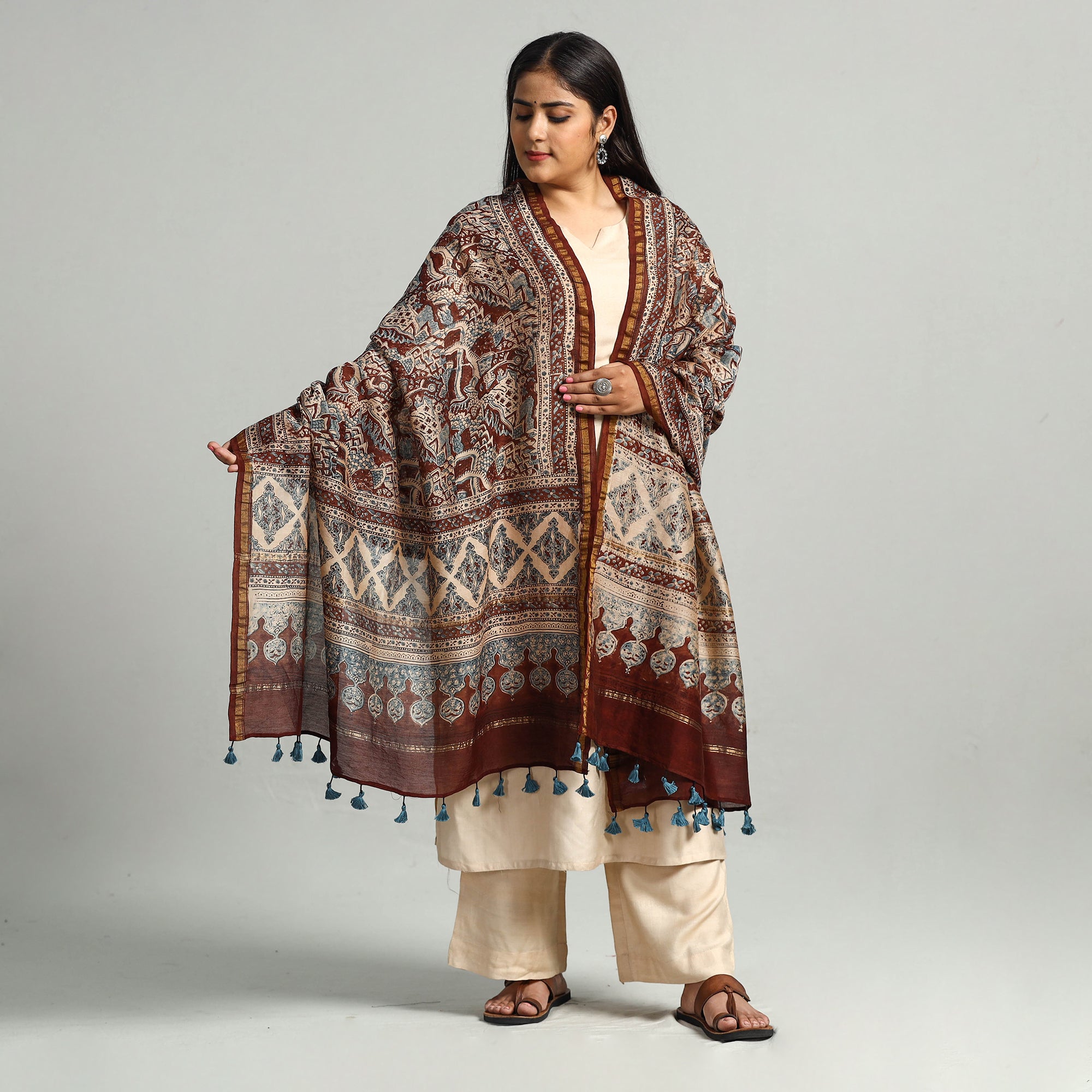 AJRAKH BY SUFIYAN ISMAIL KHATRI Brown - Block Printed Chanderi Silk Handloom Ajrakh Dupatta 13 - view 2
