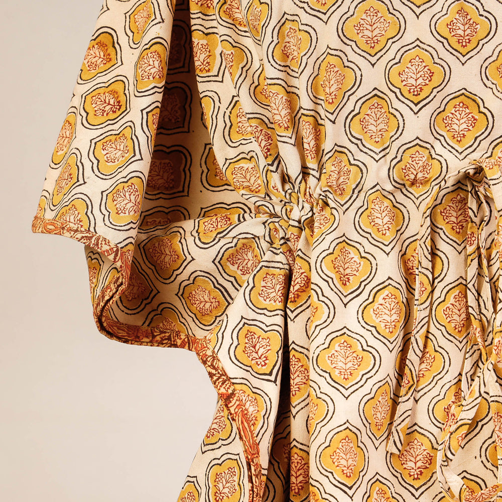 CHUTNEY CRAFT STUDIO Beige - Block Print Cotton Kalamkari Kaftan with Tie-Up Waist (Short) - view 2
