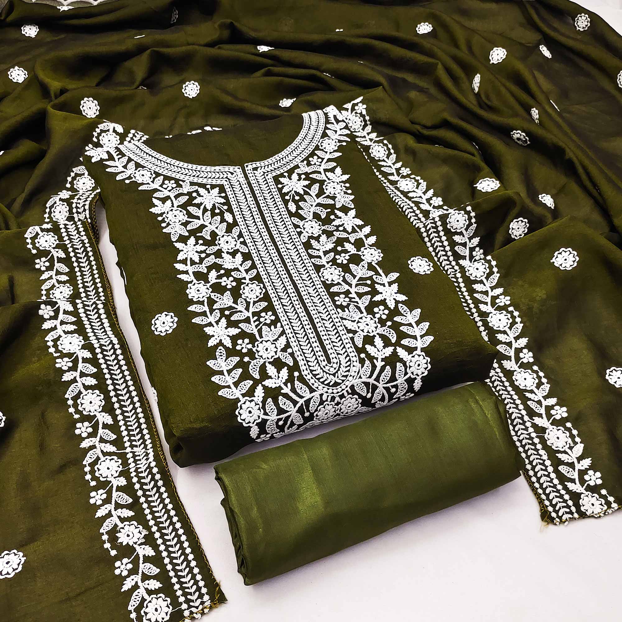 Peachmode Mehendi Green Floral Embroidered Vichitra Silk Dress Material