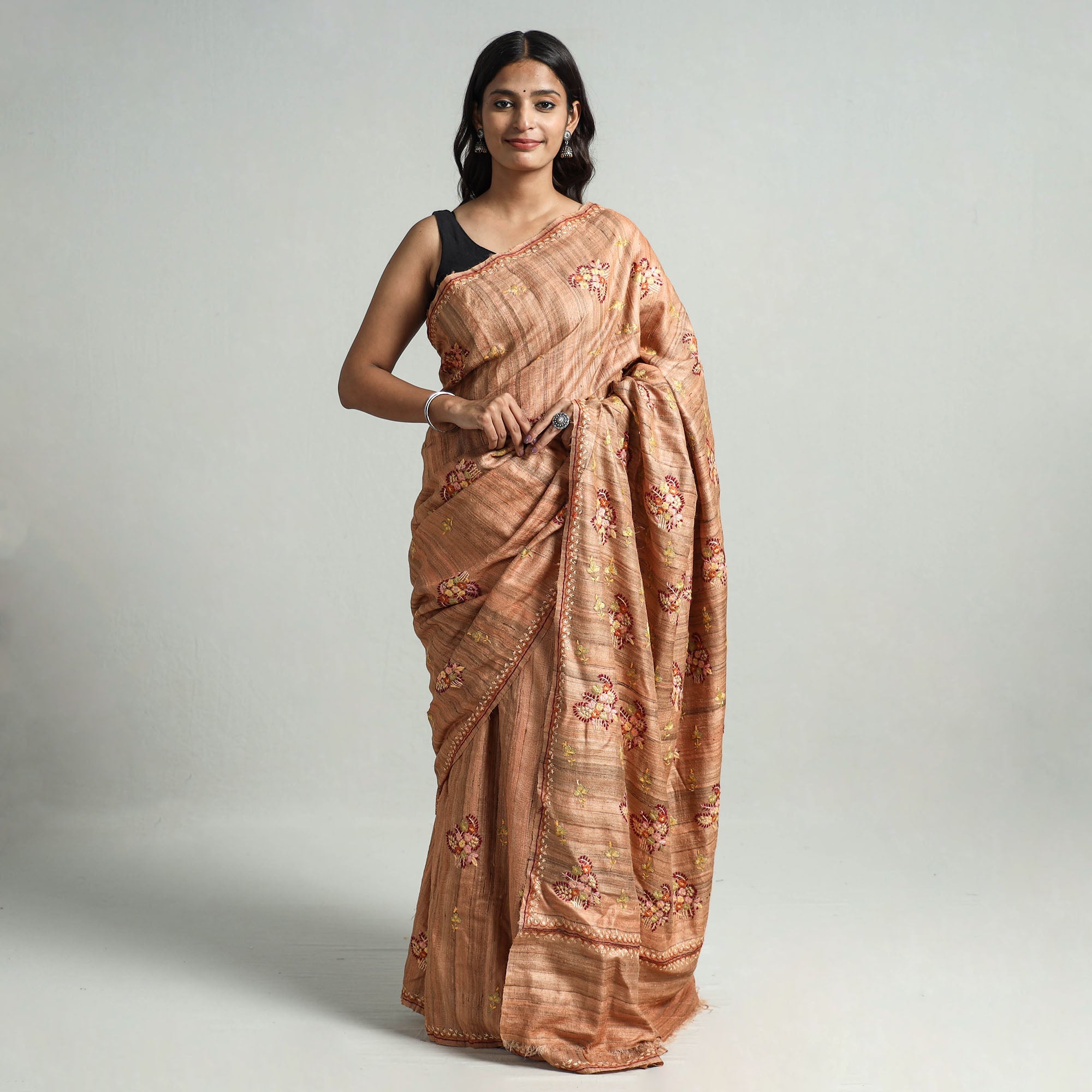 ITOKRI CRAFTS INITIATIVE Brown - Kashidakari Hand Embroidery Pure Tussar Silk Saree 08