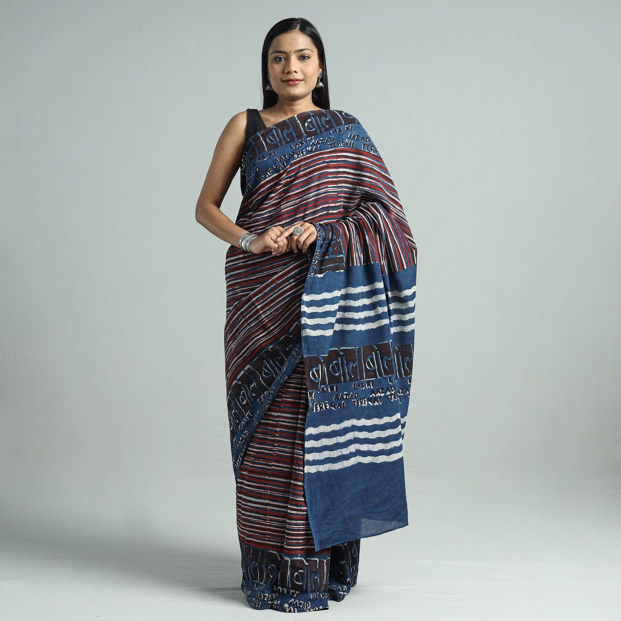 BINDAAS UNLIMITED Blue - Bindaas Art Block Printed Natural Dyed Cotton Saree 31