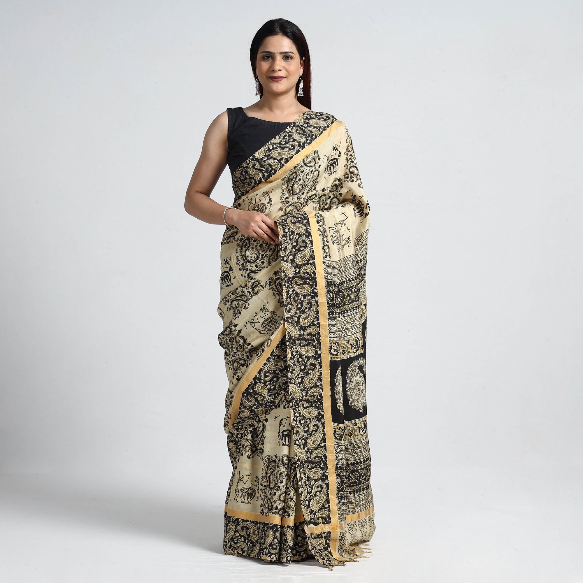 SOUTH KARGHA Beige - Kalamkari Printed Silk Cotton Saree with Zari Border