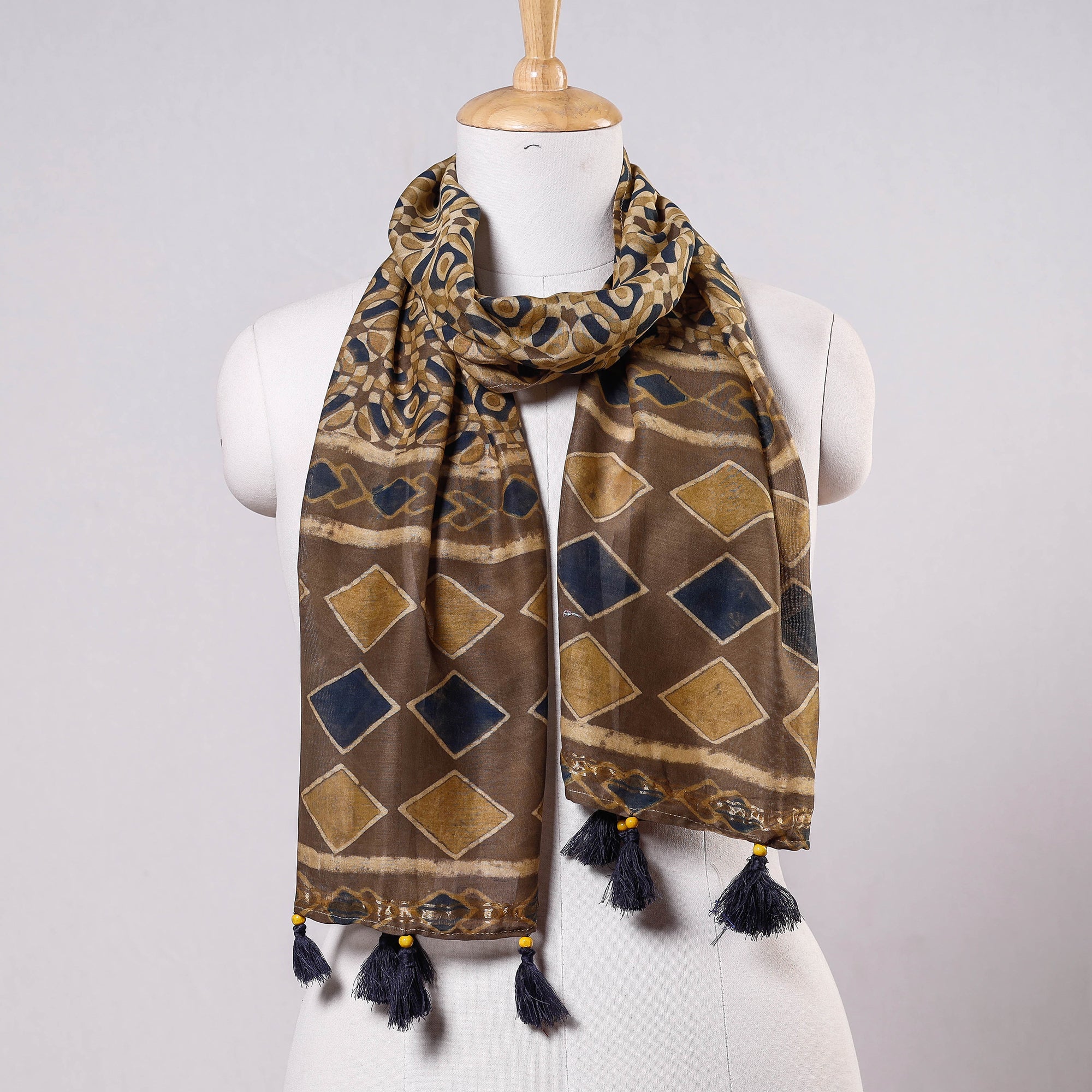 NOORI BAZAR Brown - Ajrakh Block Printed Chanderi Silk Stole with Tassels