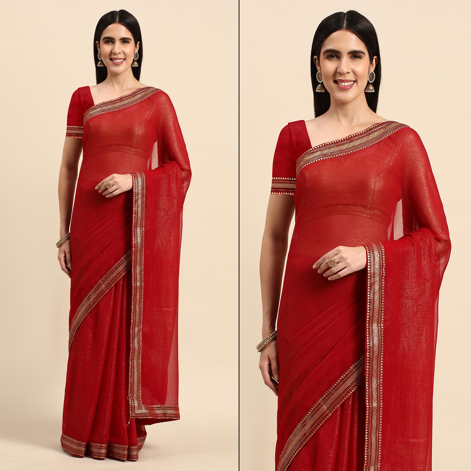 Peachmode Maroon Solid With Woven Border Chiffon Saree With Tassels