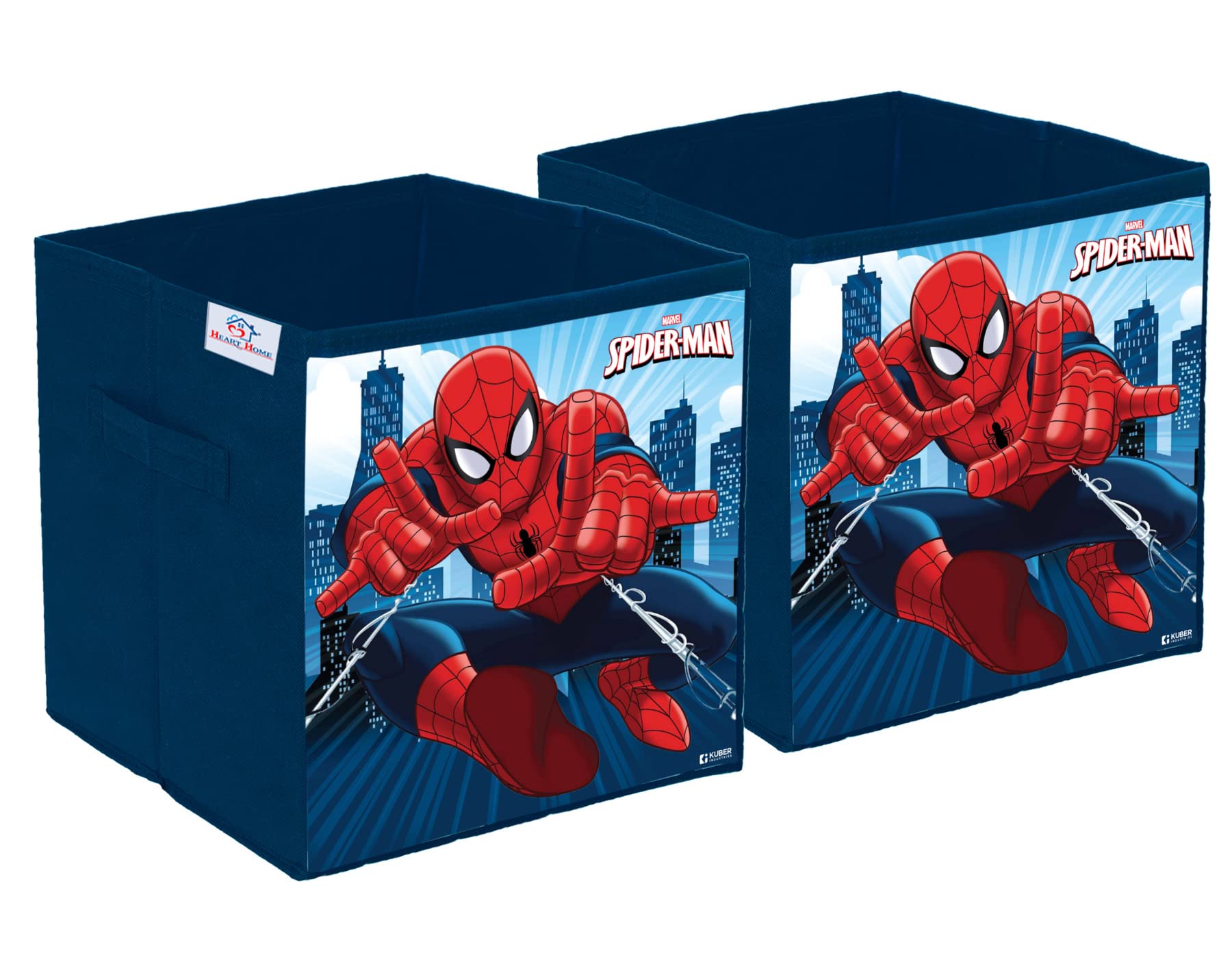 Heart Home Marvel Spiderman Print Durable & Collapsible Square Storage Box|Clothes Organizer With Handle,Pack of 2 (Navy Blue)