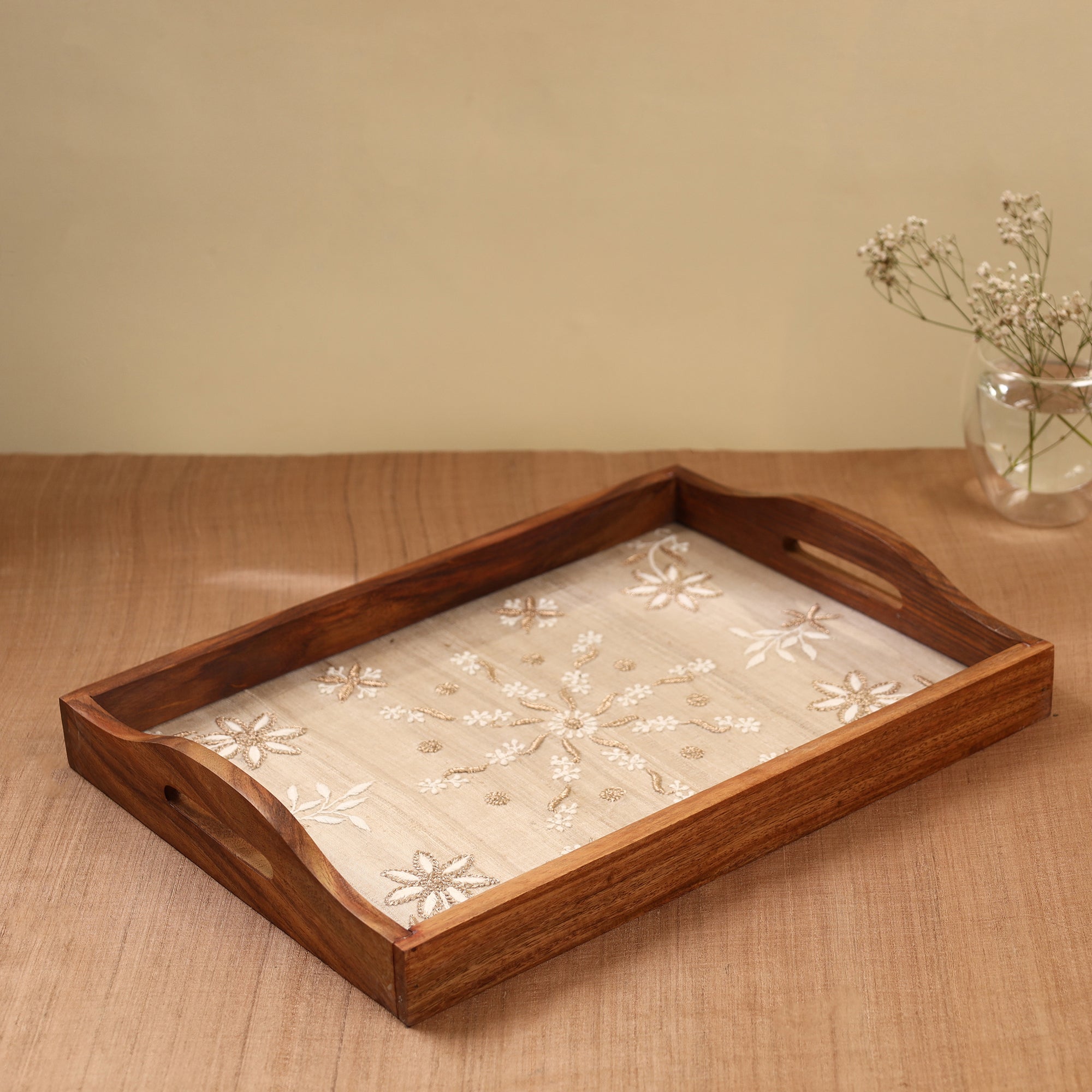 LAVANGG Beige - Chikankari Zari Hand Embroidered Sheesham Wood Tray - view 2