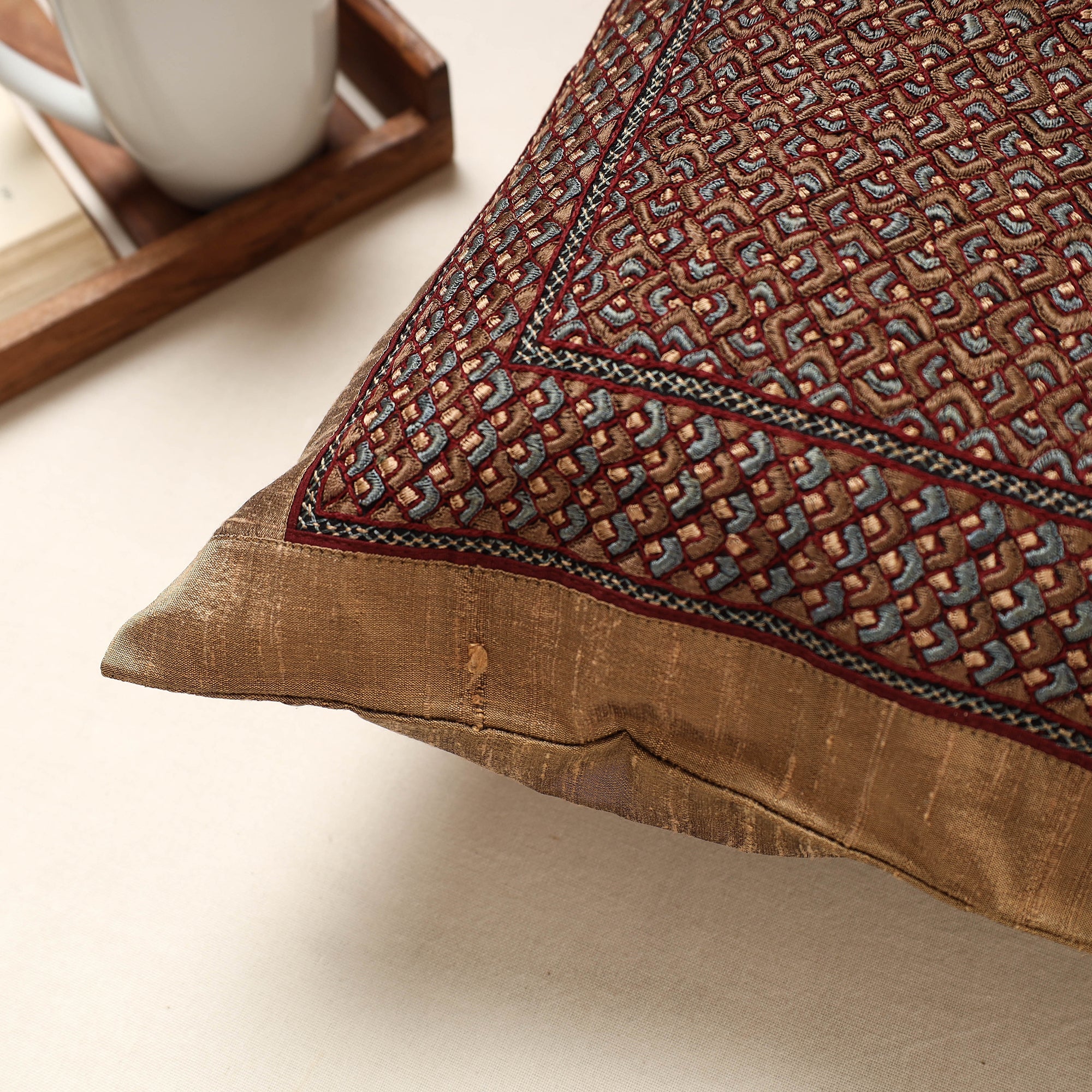 QASAB Brown - Kutch Neran Hand Embroidery Silk Cushion Cover (16 x 16 in) - view 2