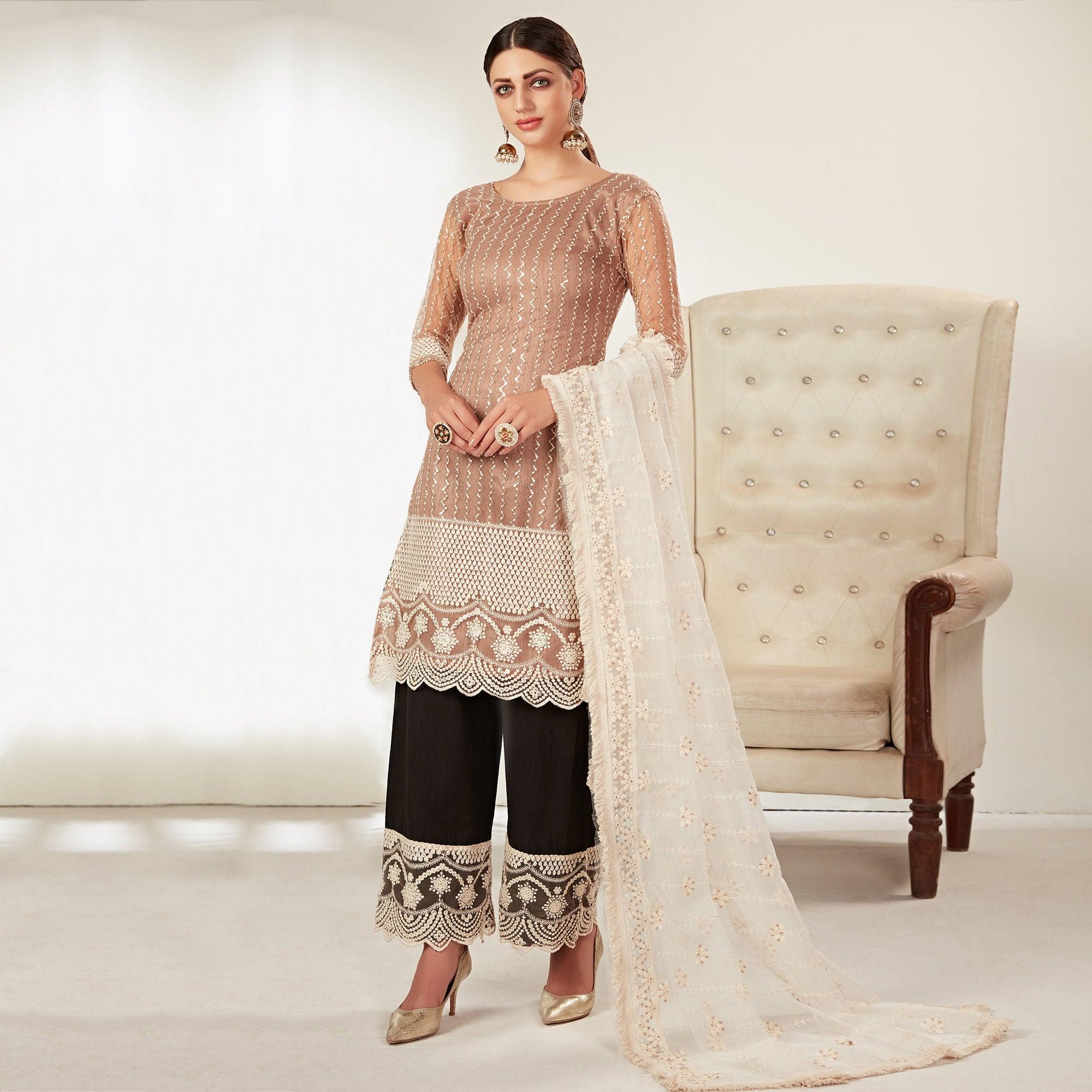 Peachmode Brown Embroidered Netted Pakistani Suit