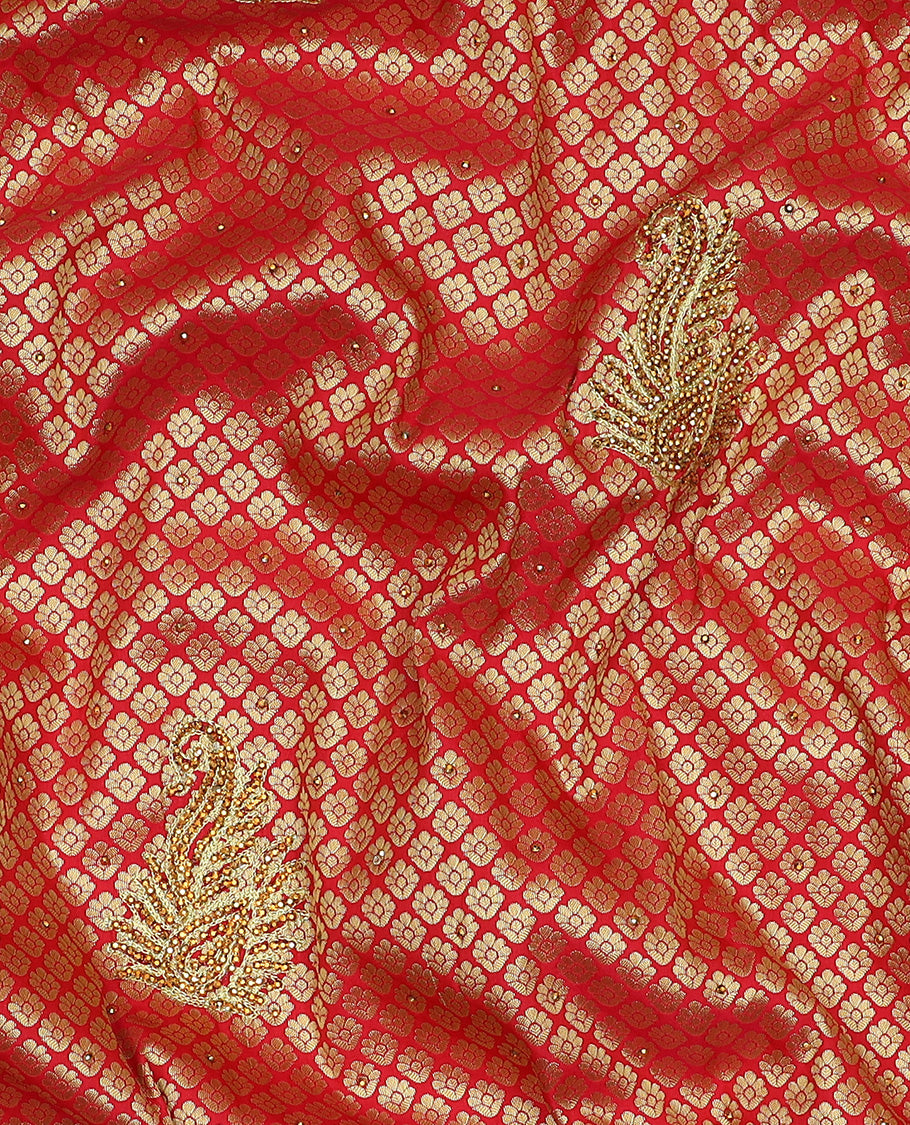 TheShoppothys Red jacquard & stonework silksaree,zari & stone embroidery scallop cutwork border & pallu of big paisleys with stonework - view 5