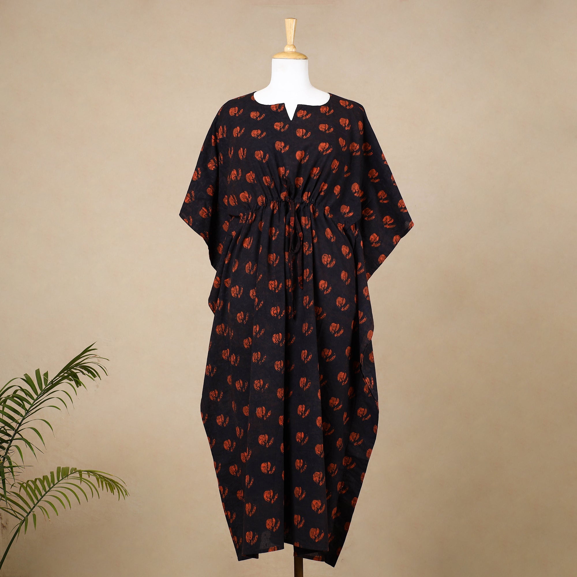 CHUTNEY CRAFT STUDIO Black - Hand Block Printed Cotton Kaftan with Tie-Up Waist (Long)