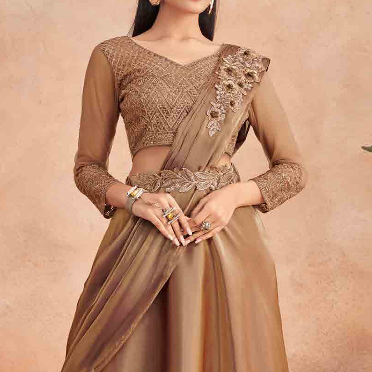 Peachmode Seller Brown Sequins Embroidered Ready to Wear Art silk saree - view 3