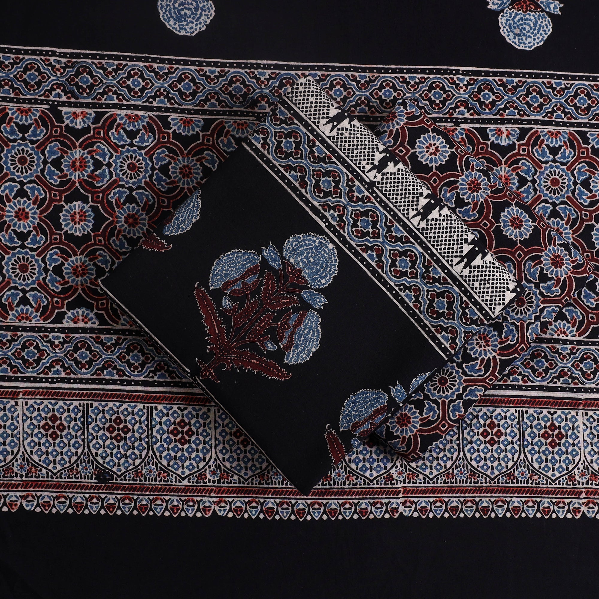 AJRAKH BY SUFIYAN ISMAIL KHATRI Black - Hand Block Print Cotton 3pc Ajrakh Dress Material 04 - view 2