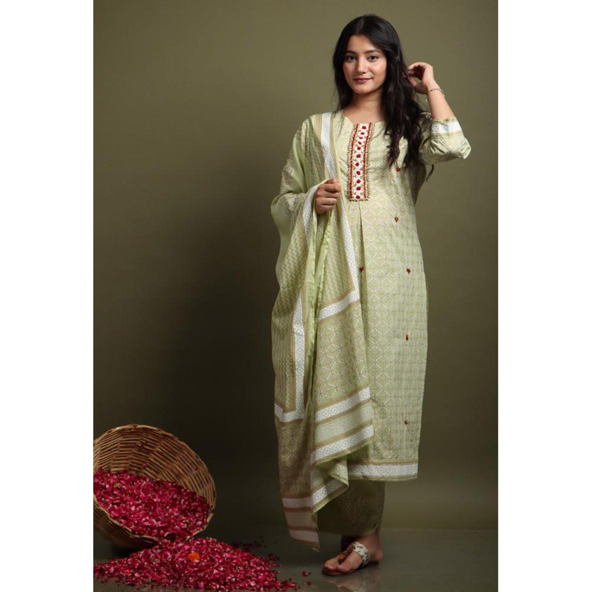 Peachmode Light Pista Green Casual Wear Printed Cotton Kurti - Palazzo Set With Dupatta - view 4