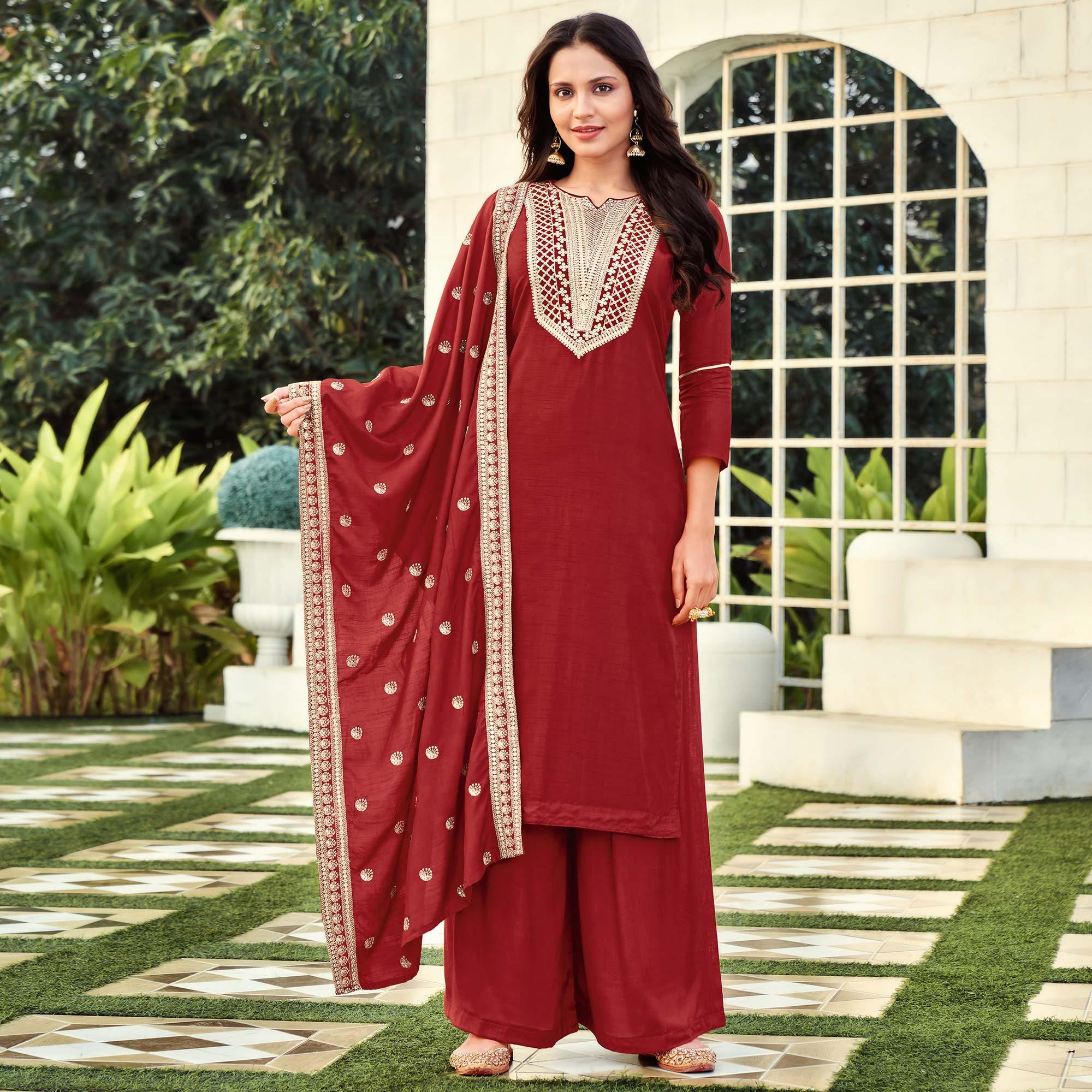 Peachmode Glorious Maroon Colored Festive Wear Embroidered Art Silk Dress Material