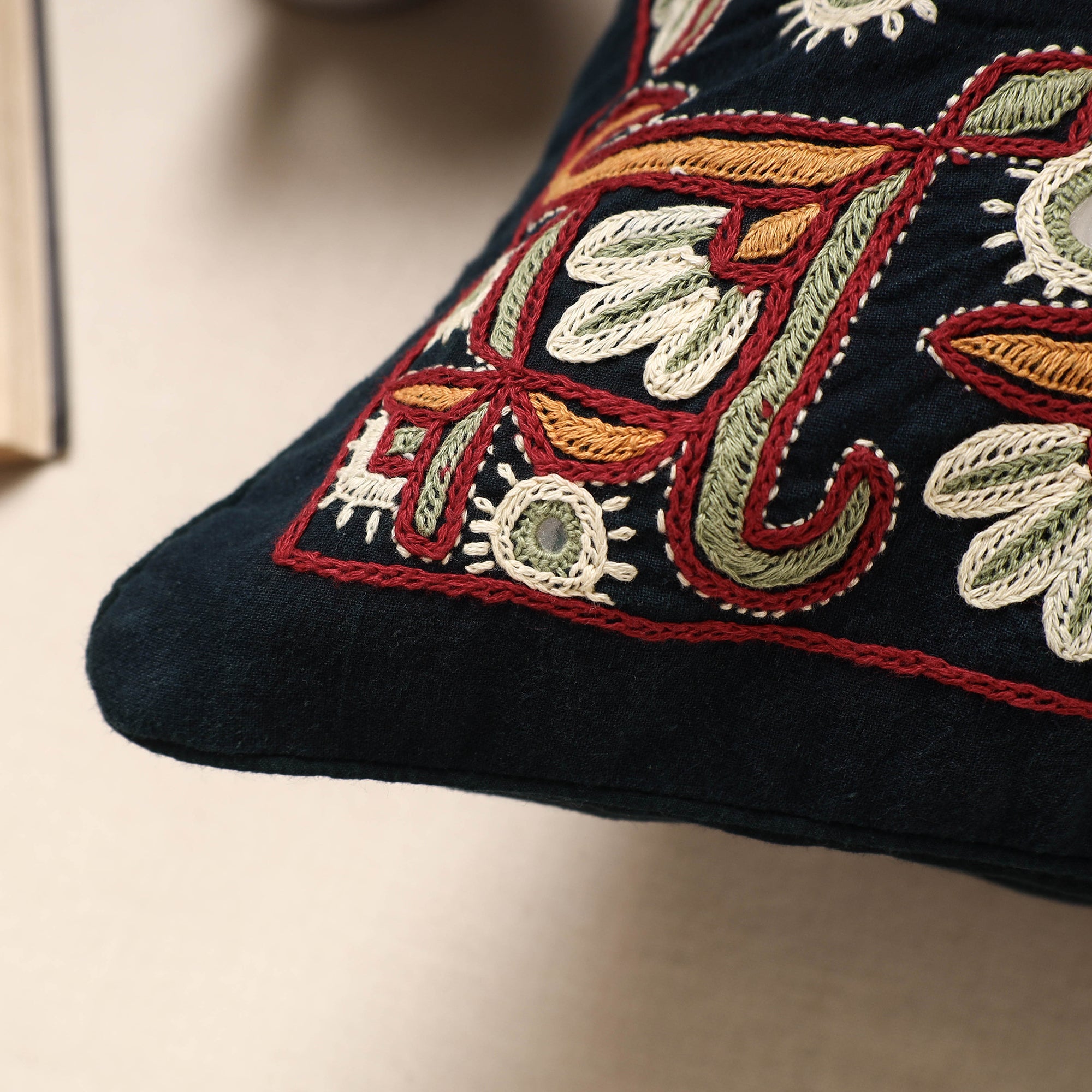 Black - Kala Raksha Pakko Hand Embroidery Cotton Cushion Cover (16 x 16 in) - view 2