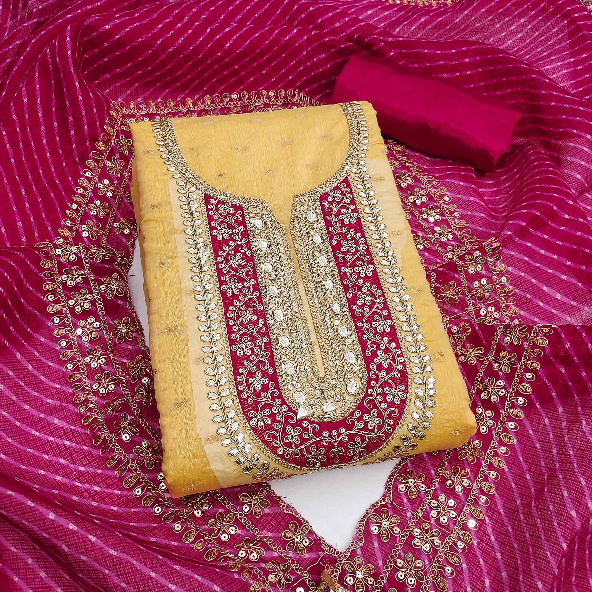 Peachmode Yellow Woven With Sequins Embroidered Modal Chanderi Silk Dress Material