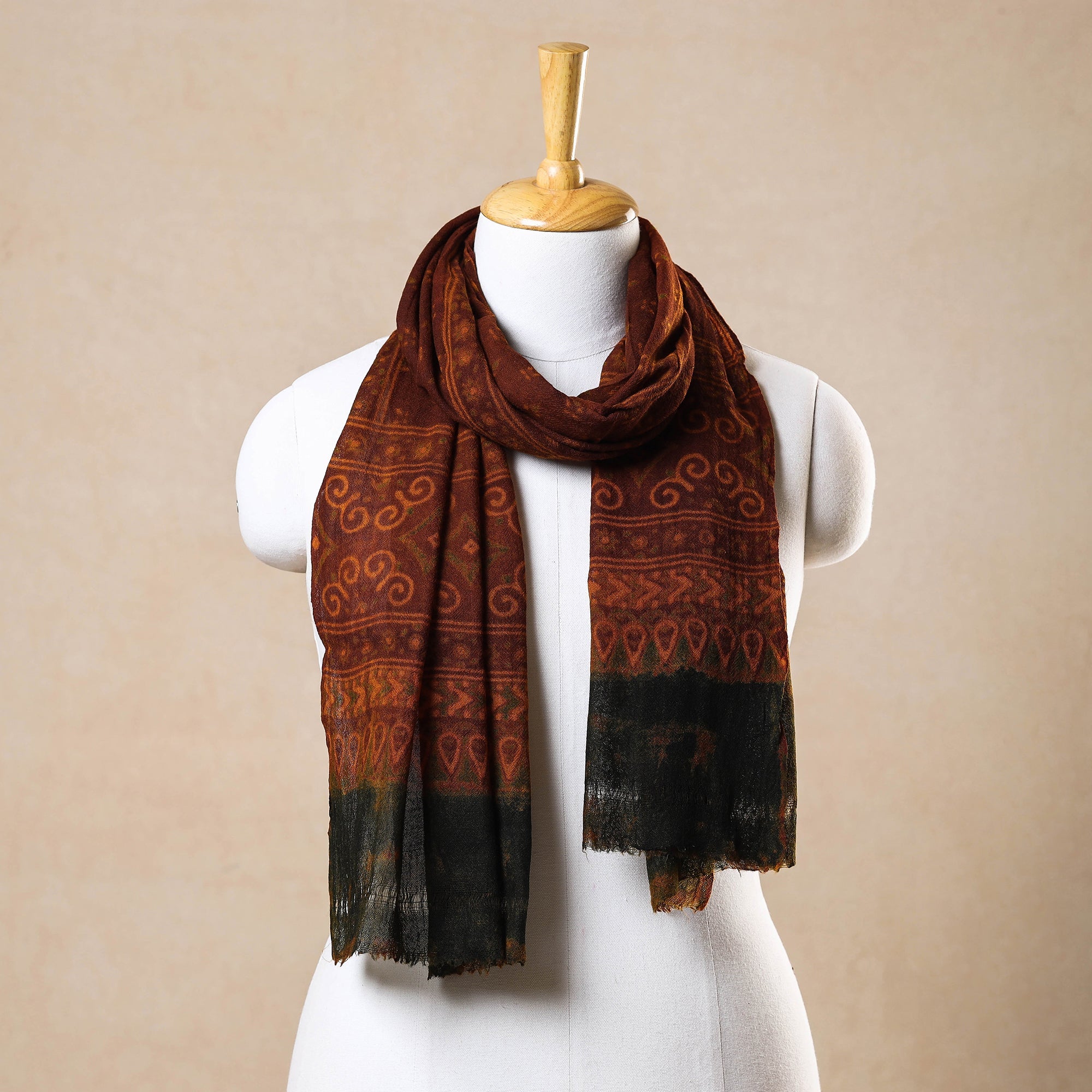 AJRAKH BY JABBAR KHATRI Brown - Ajrakh Hand Block Printed Pure Woolen Stole