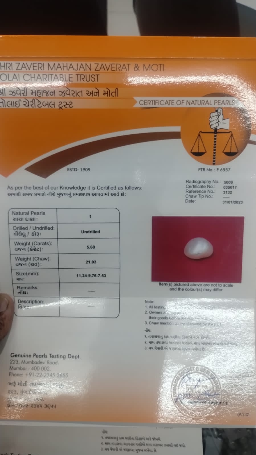 Gemsmantra Basra Moti 5.68 carats(6.31 ratti)