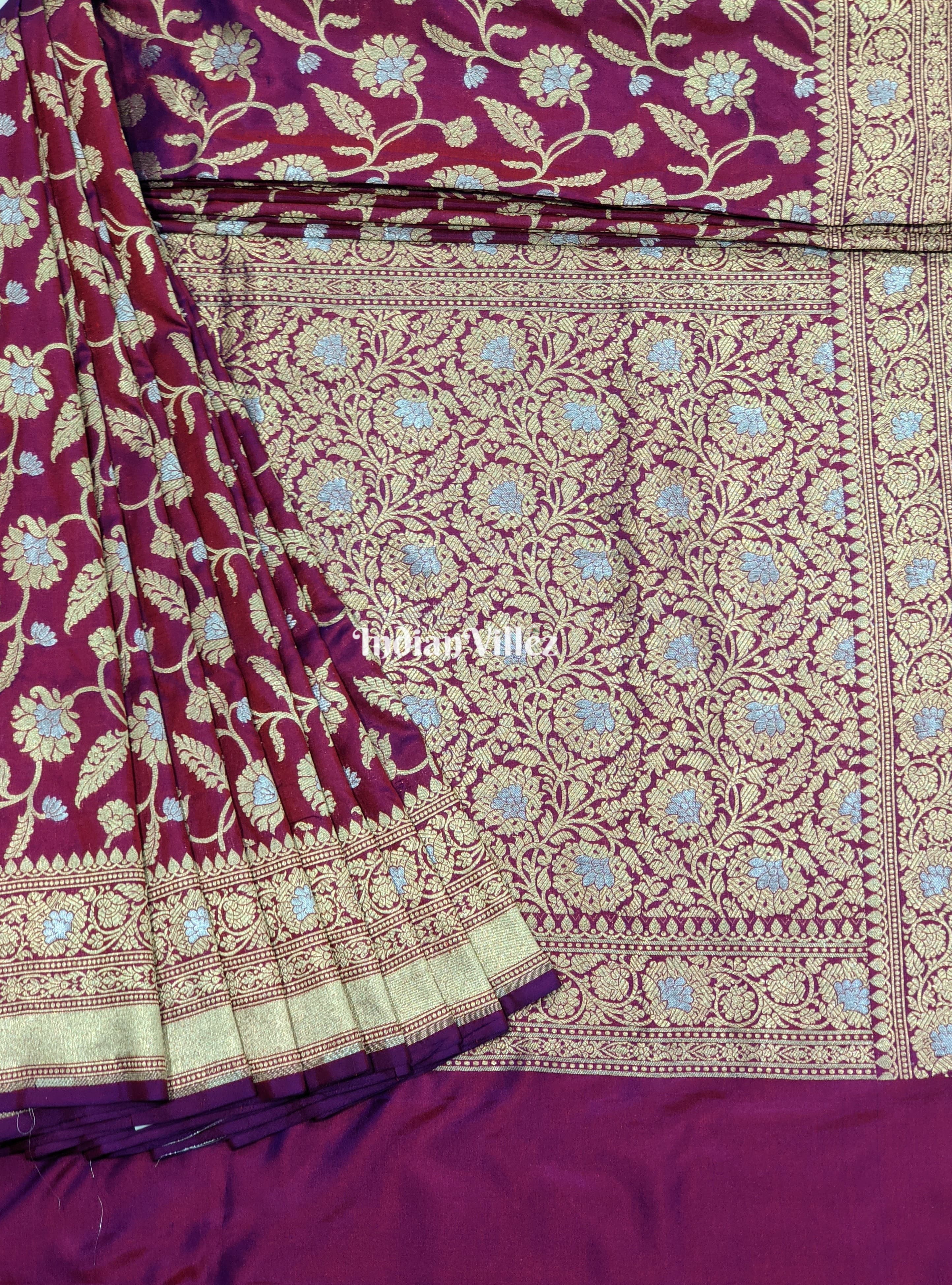 IndianVillèz Purple Designer Banarasi Katan Silk Saree with Golden & Silver Work