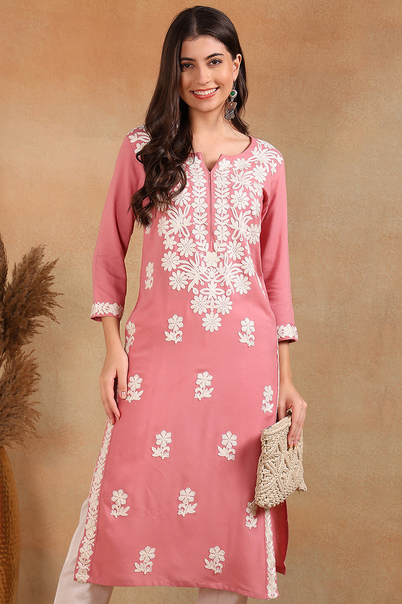 Ahika Pink Viscose Rayon Solid Embroidered Chikankari Straight Kurta VCK9776PNK