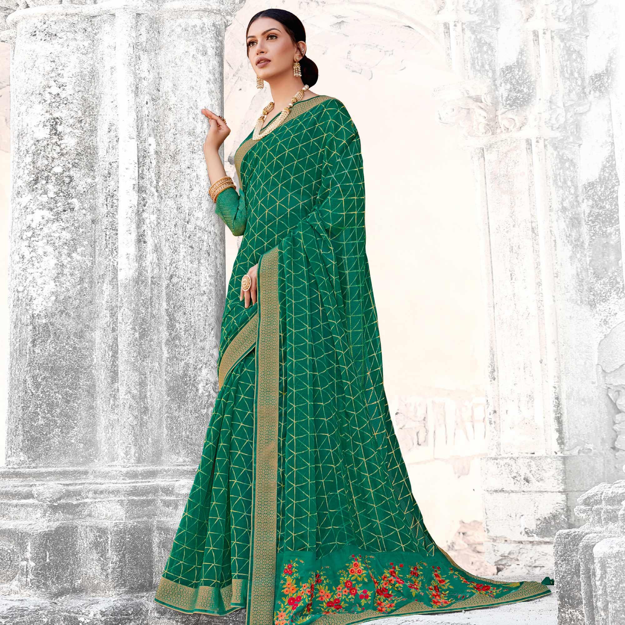 Peachmode Imposing Rama Coloured Partywear Printed Chiffon Saree