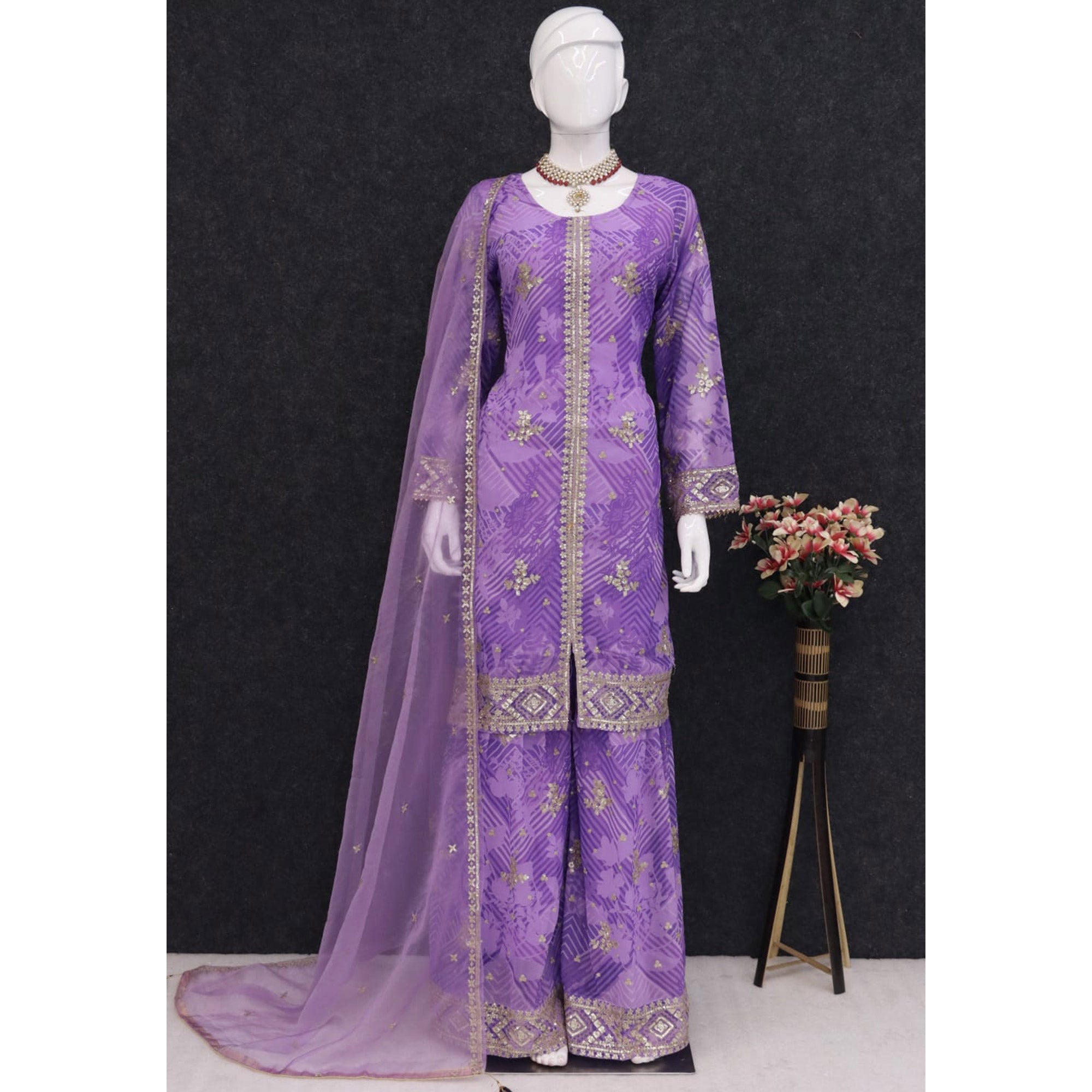Peachmode Purple Sequins Embroidered Georgette Sharara Suit - view 3