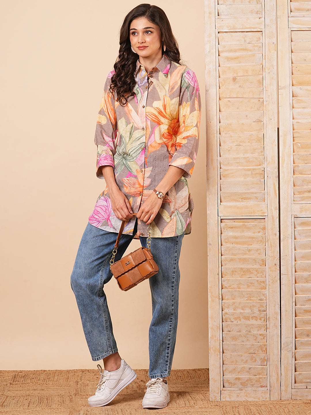 Fashor Abstract Floral Printed Schiffli Straight Fit Kurti - Multi - view 2