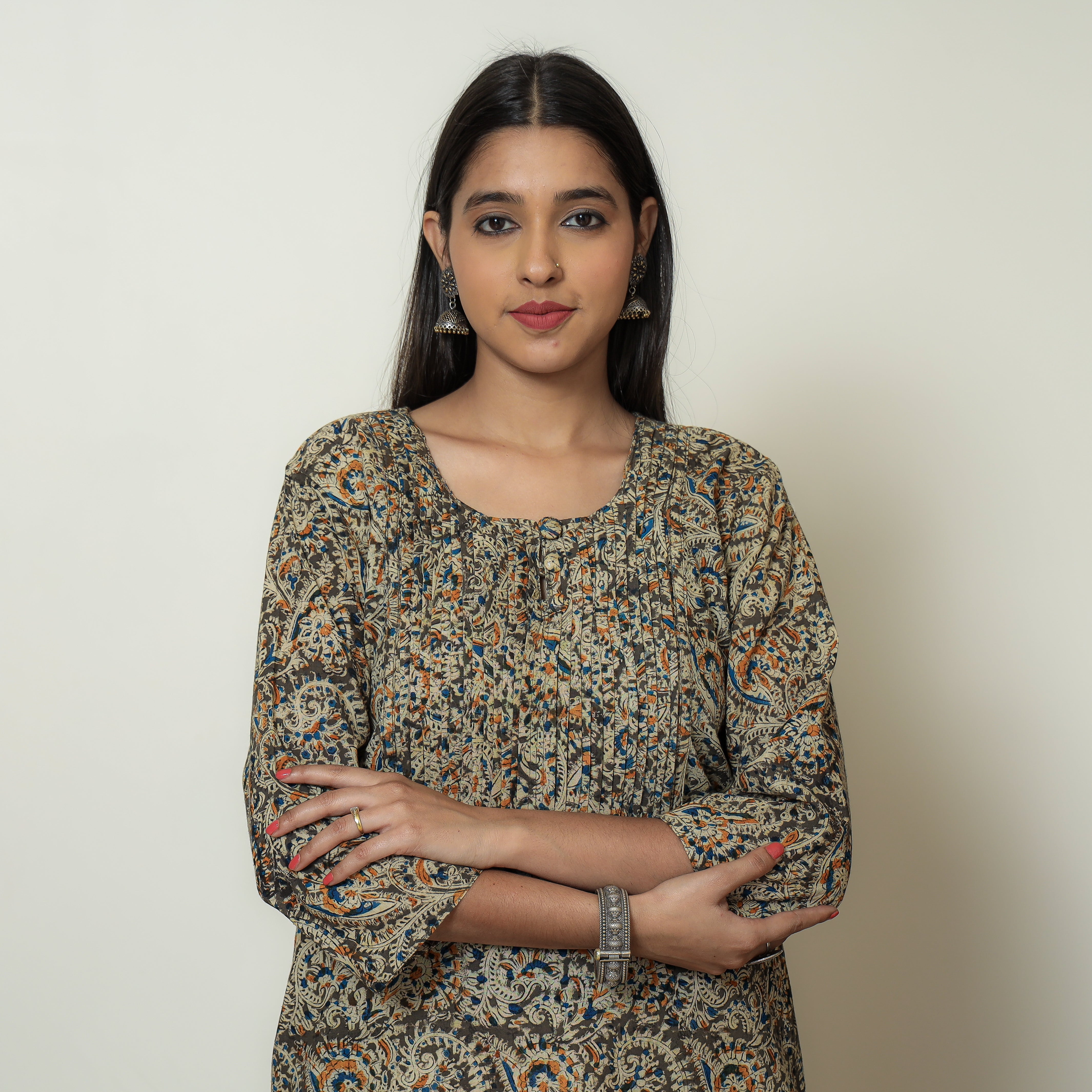 ITOKRI CASUALS Brown - Kalamkari Hand Block Printed Cotton Pintuck Straight Kurta 07