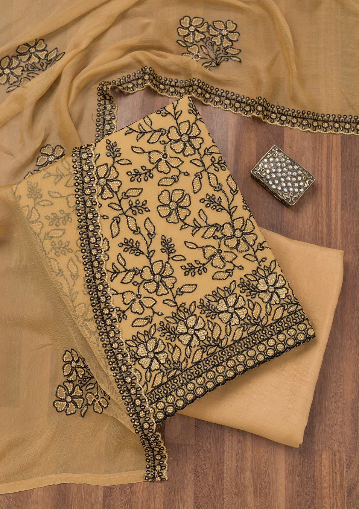 Koskii Yellow Threadwork Georgette Unstitched Salwar Suit