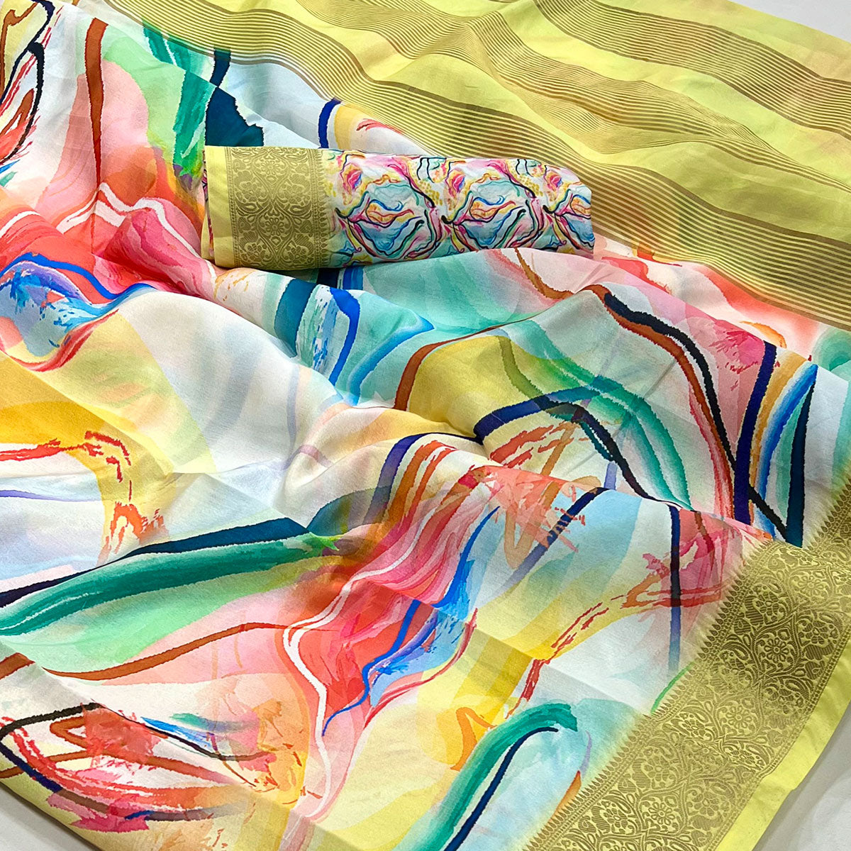 Peachmode Lemon Yellow Digital Printed Dola Silk Saree With Woven Border - view 2