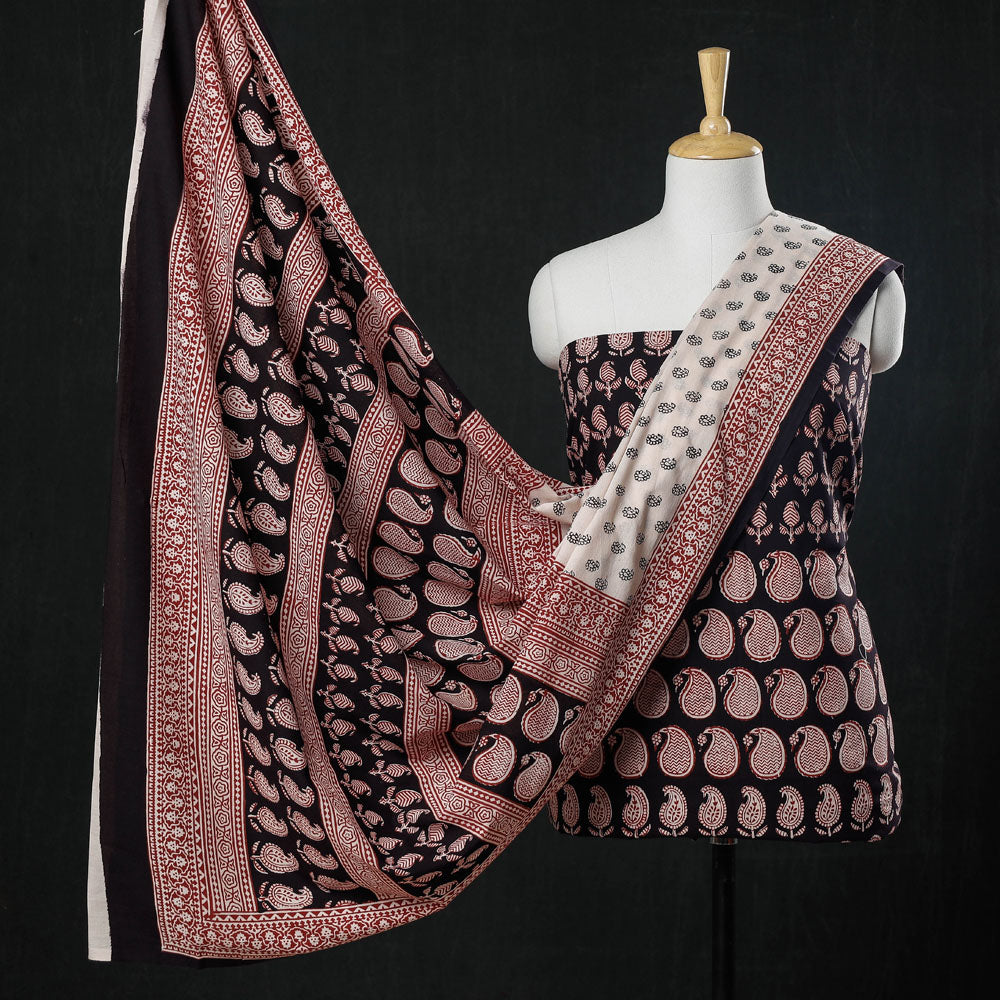 BAGH PRINTS BY UMAR FARUK KHATRI Black - 3pc Natural Dyed Cotton Bagh Print Suit Material Set