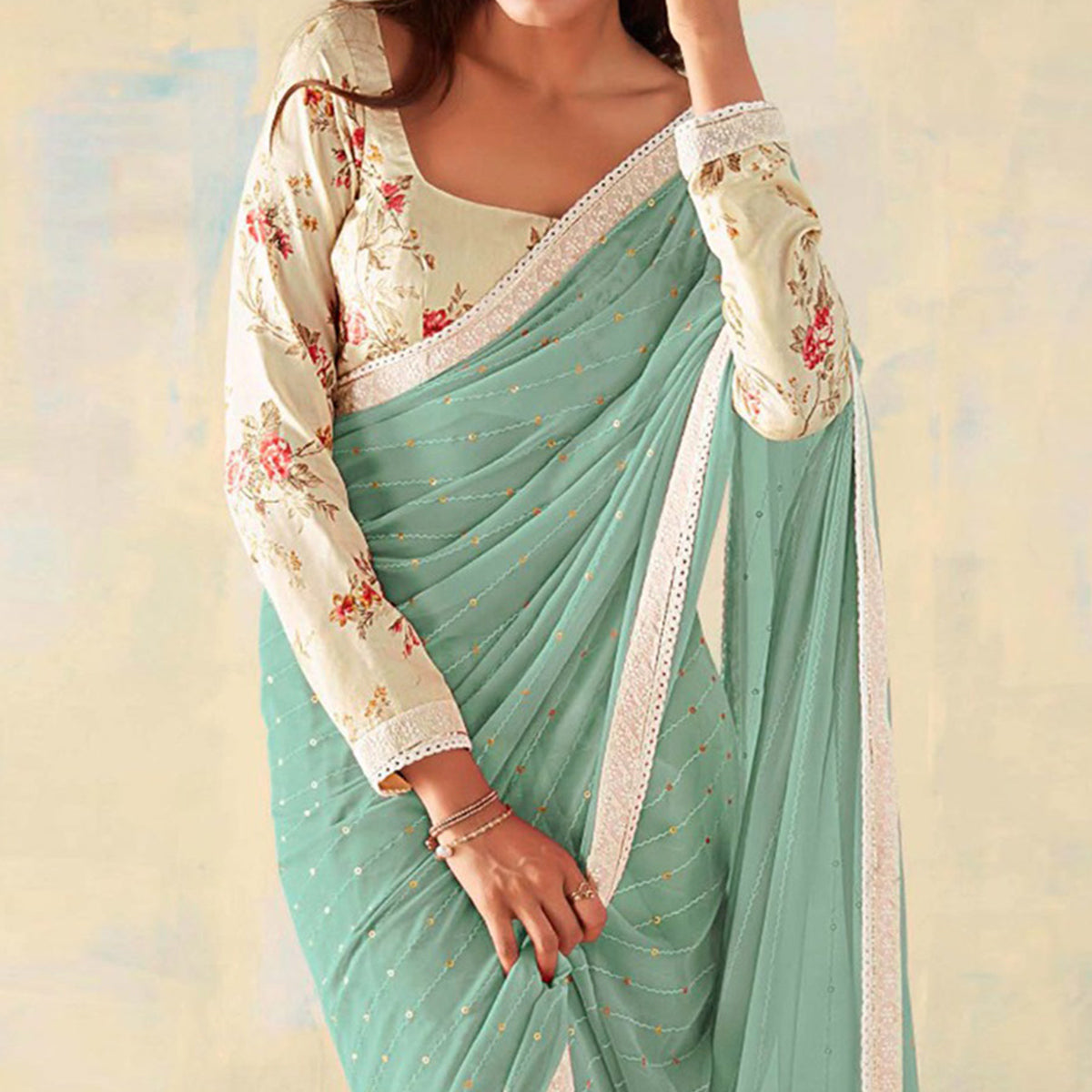 Peachmode Dusty Green Foil Printed Georgette Saree With Embroidered Border - view 2