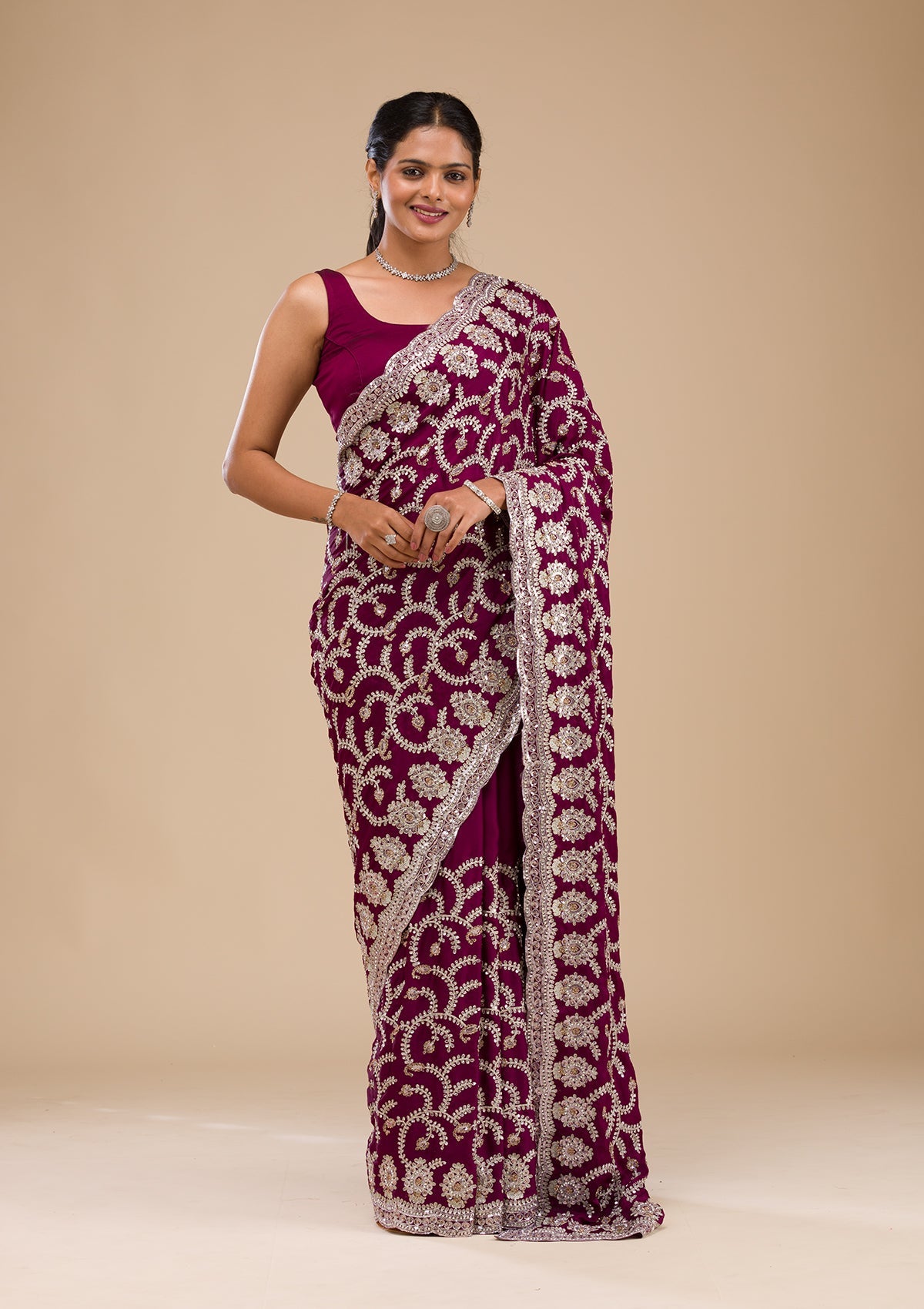Koskii Wine Zariwork Georgette Saree – Women's