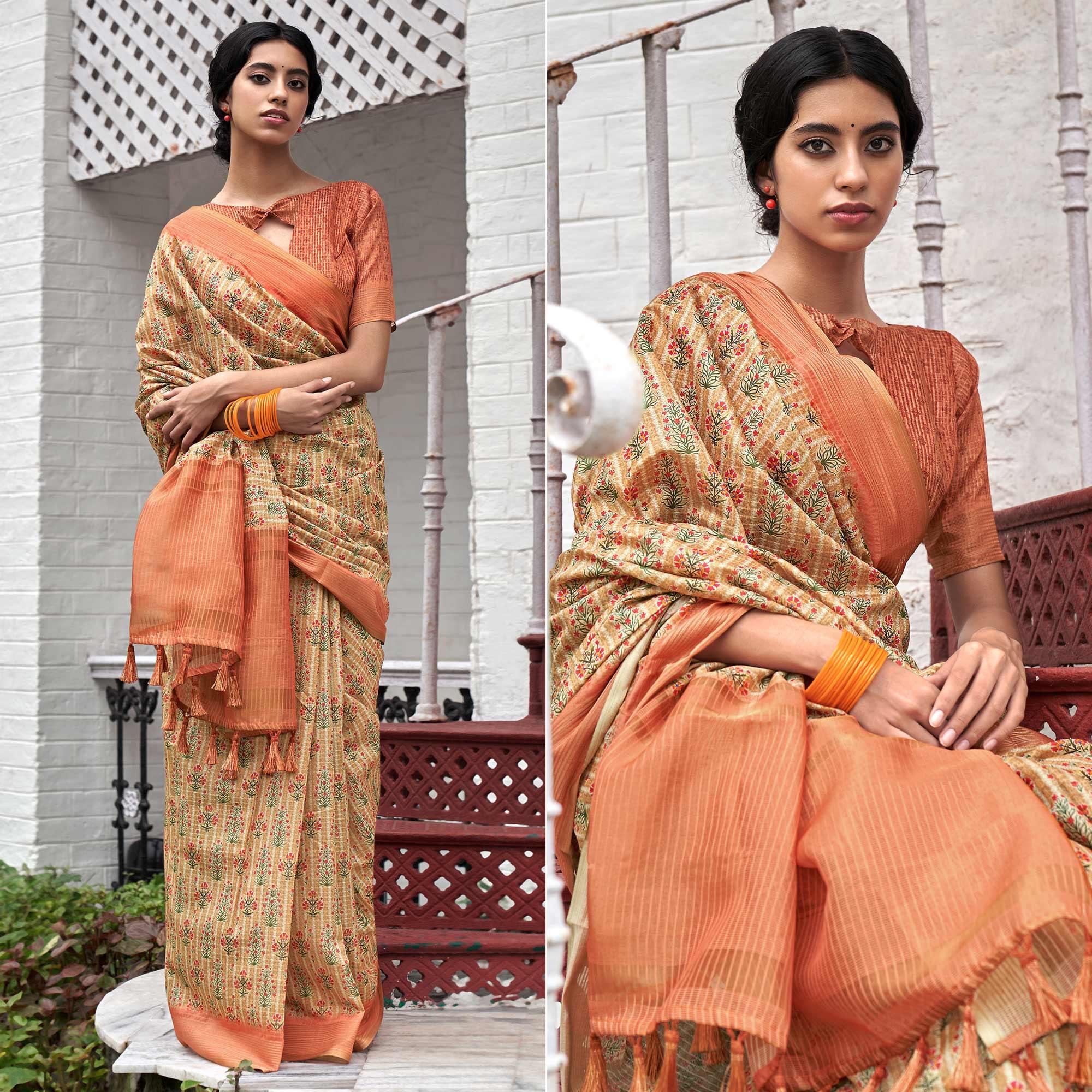 Peachmode Cream Digital Printed Art Silk Saree