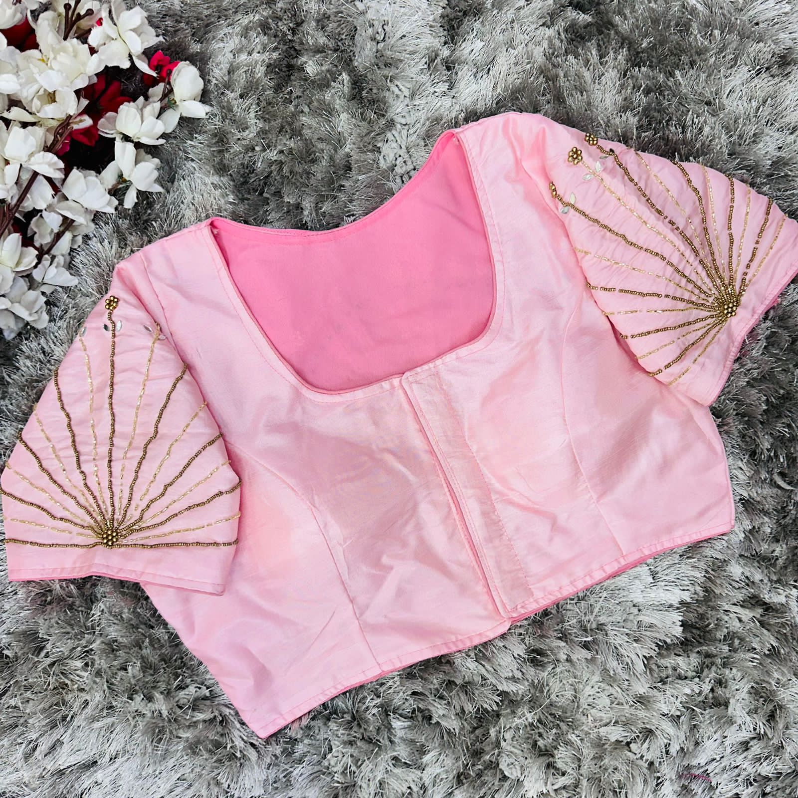 ClothsVilla Baby Pink Handcrafted tumtum silk Golden Blouse with Ambla Mirror Accents