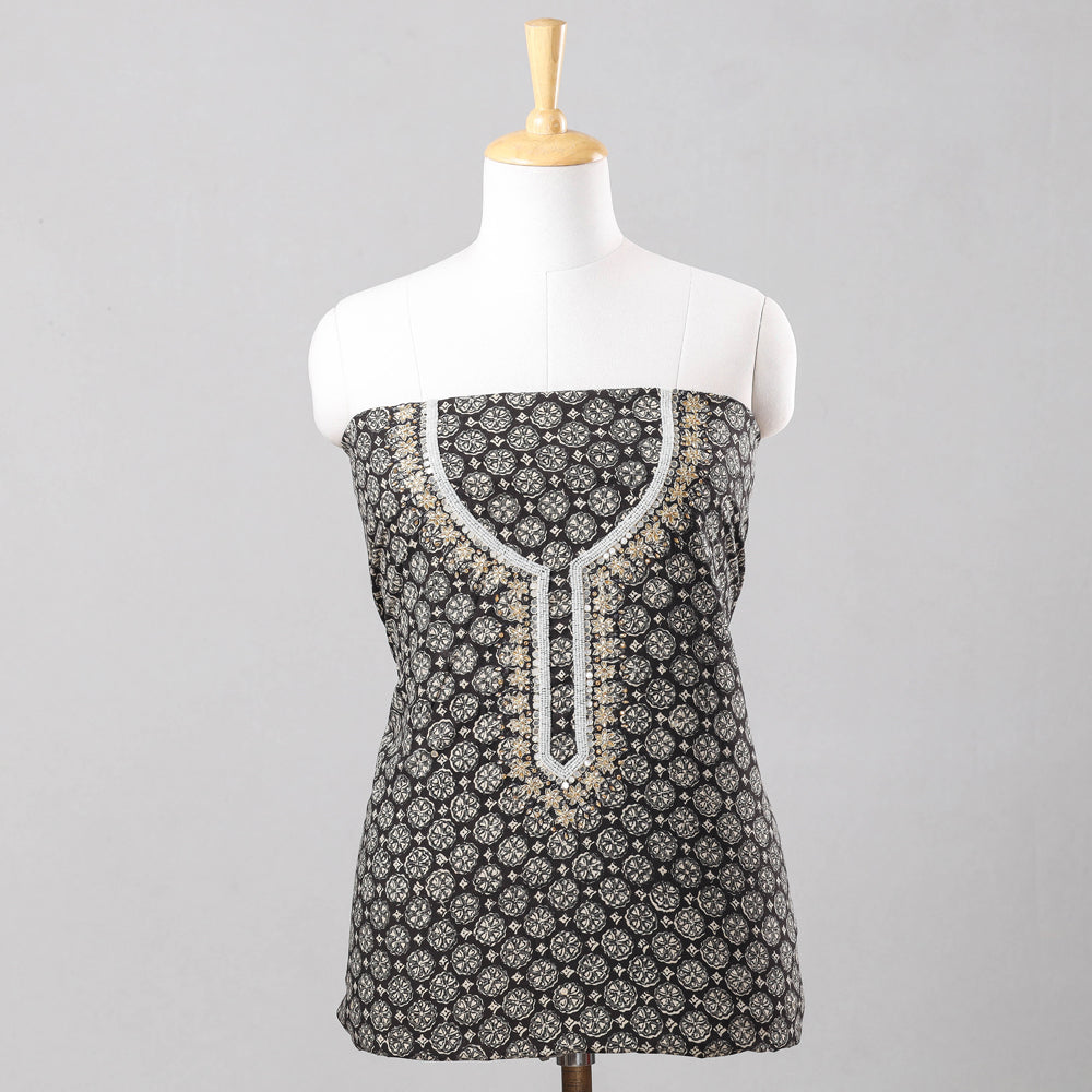 NOORI BAZAR Black - Bead Work Embroidery Ajrakh Block Printed Cotton Kurta Material - 2.5 meter