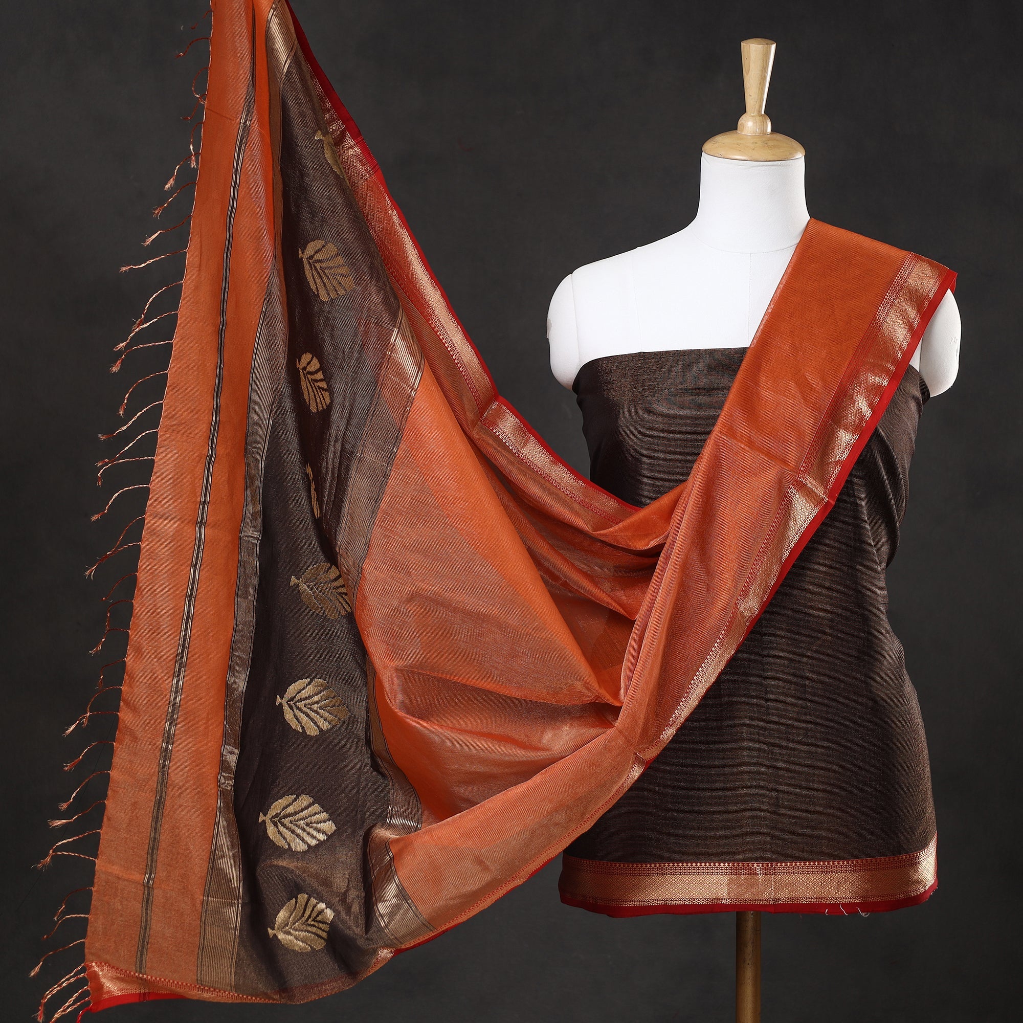 ITOKRI CRAFTS INITIATIVE Brown - 2pc Maheshwari Silk Tissue Zari Weave Handloom Suit Material Set 01