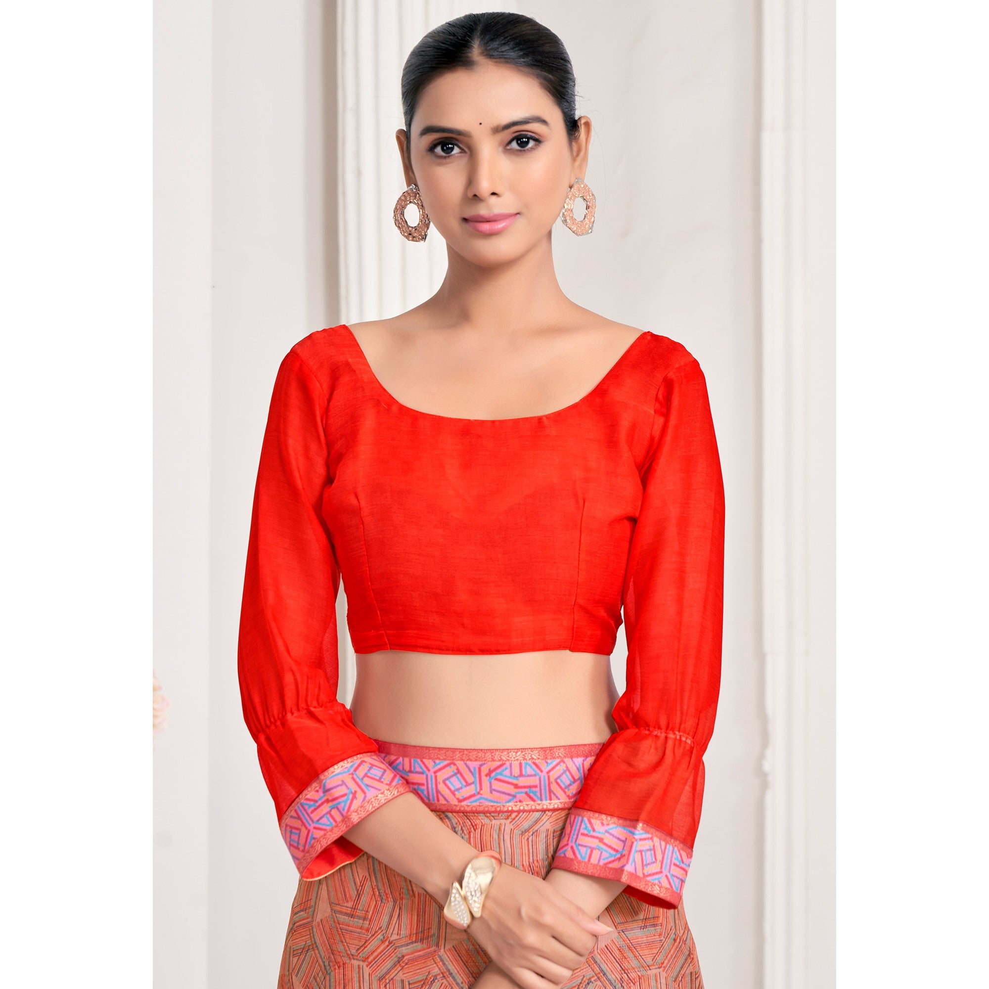 Peachmode Brick Red Geometric Printed Chiffon Saree With Lace Border - view 5