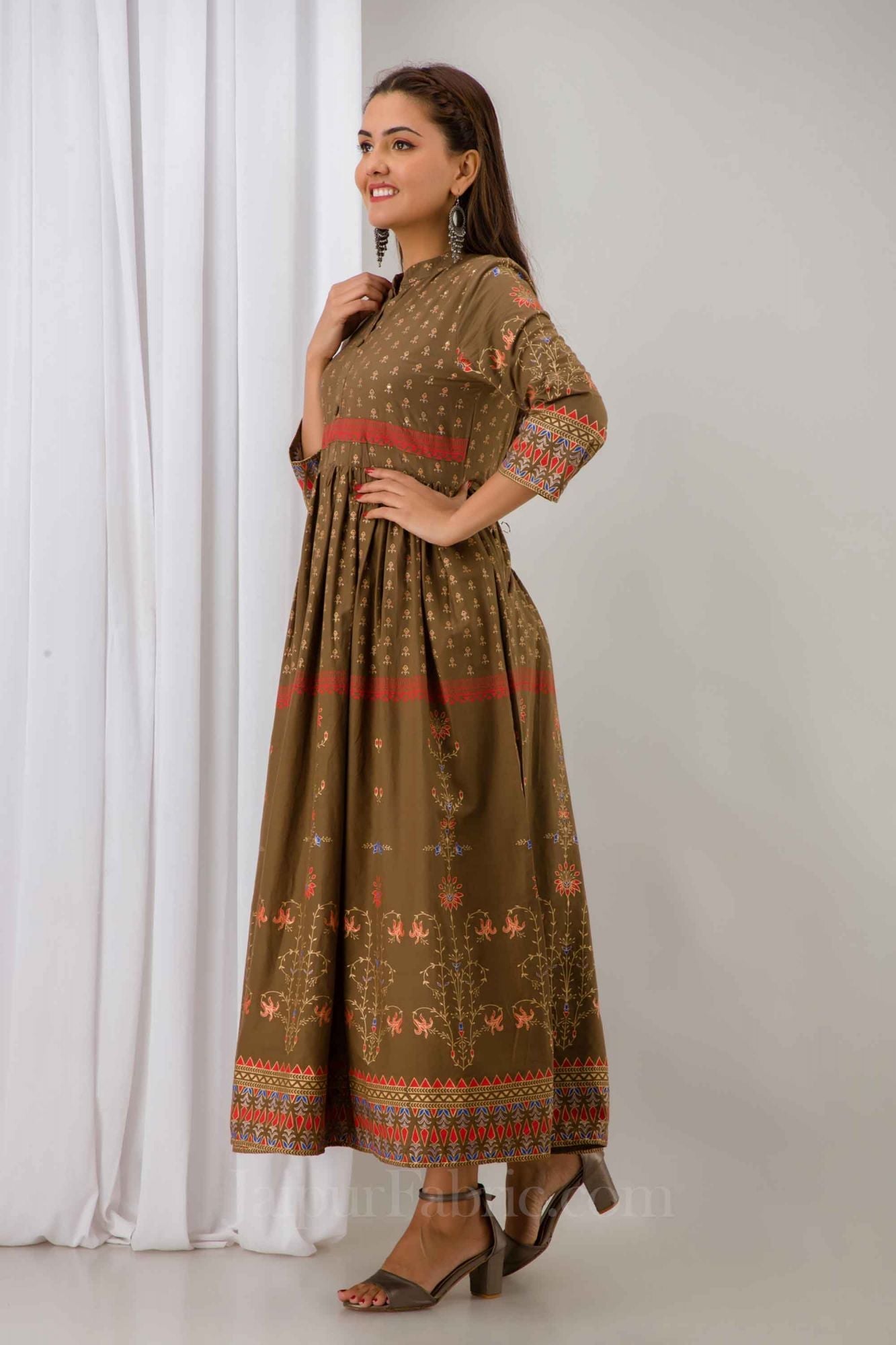 JaipurFabric® Women Brown Cotton Long Flared Kurti - view 5