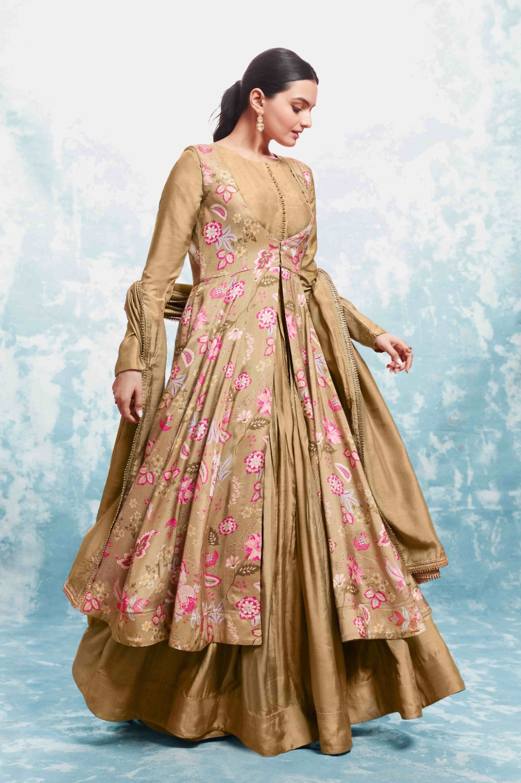 ClothsVilla Chic Olive Muslin Dress with Printed Work and Georgette Dupatta – Ready to Wear - view 9