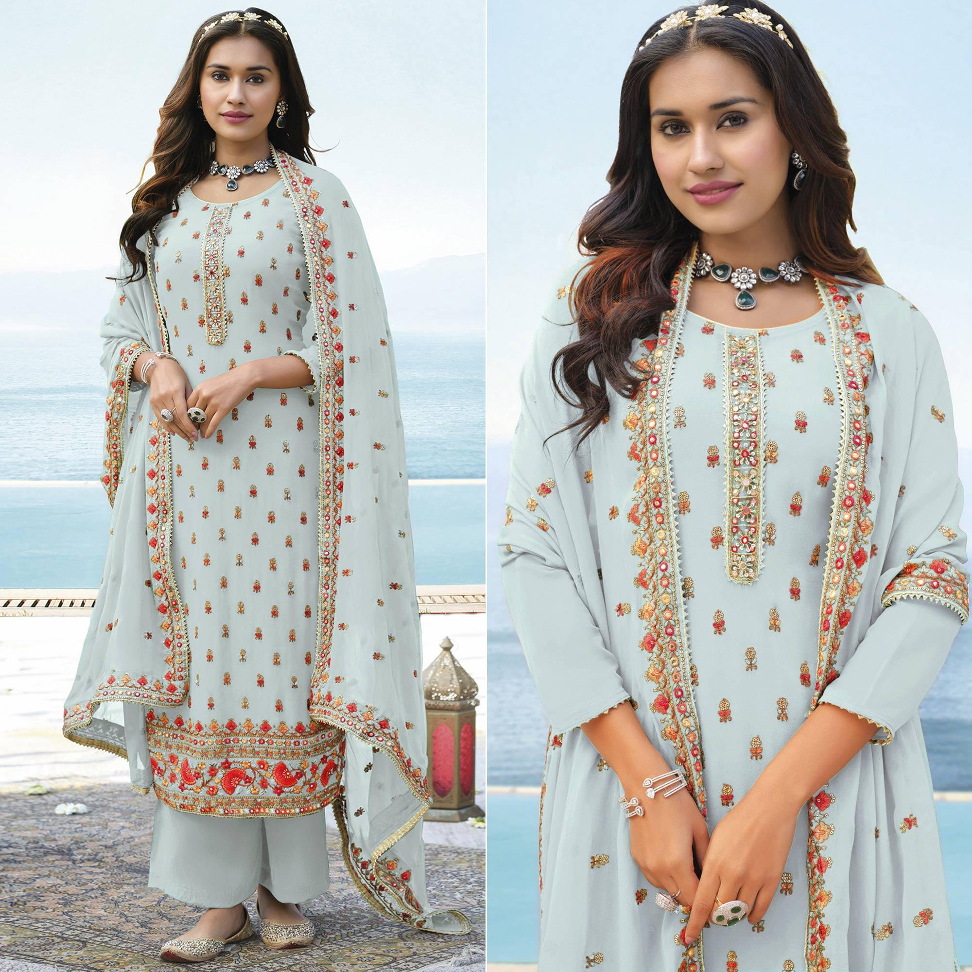 Peachmode Light Blue Embroidered Georgette Palazzo Suit