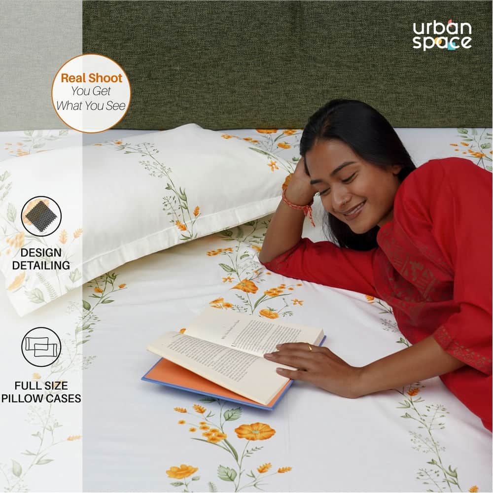 Urban Space -Home Furnishing Store Serene Collection - Breathable 200 TC 100% Pure Cotton Bedsheet with Pillow Cover, Veil Bloom- Yellow - view 4