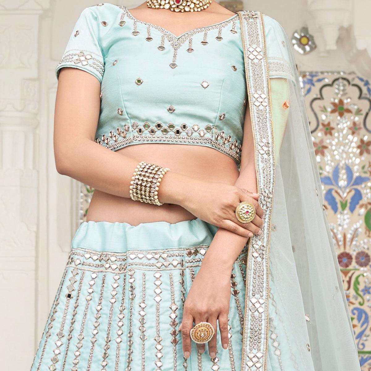 Peachmode Intricate Ice Blue Coloured Wedding Wear Mirror Work Heavy Silk Lehenga Choli - view 3