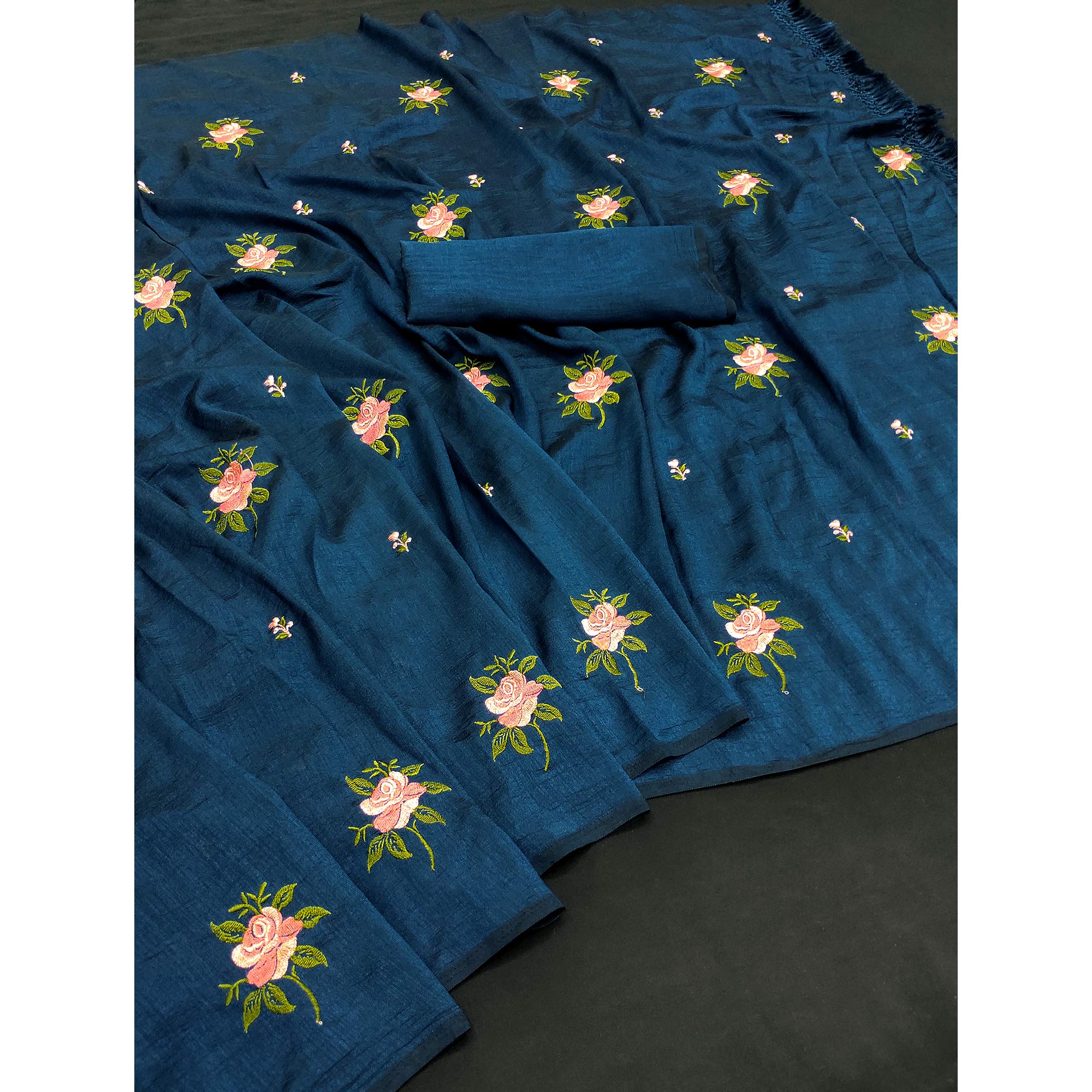 Peachmode Morpich Blue Floral Embroidered Vichitra Silk Saree With Tassels - view 3
